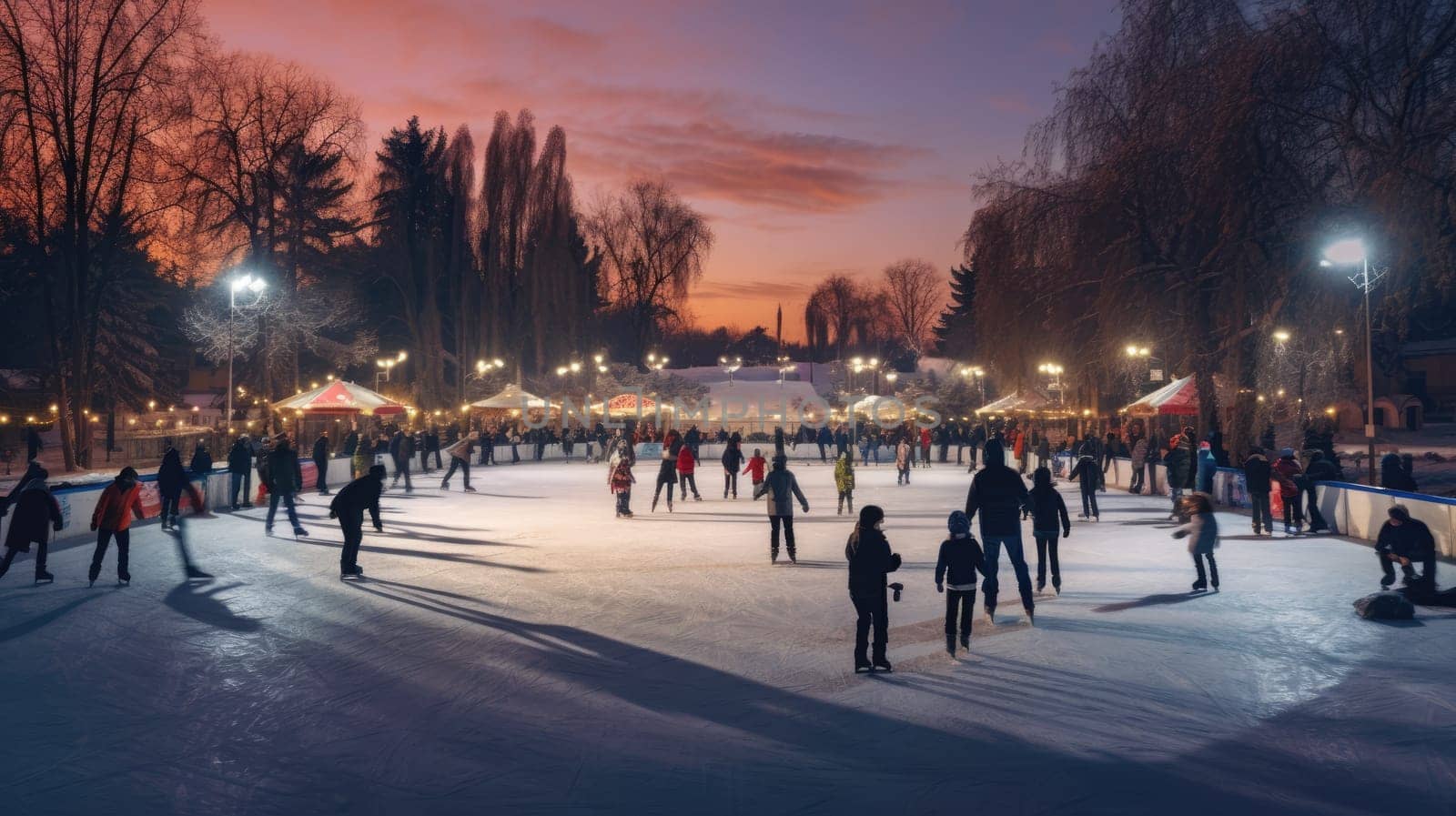 Ice skating rink in winter. Happy moments spent together AI