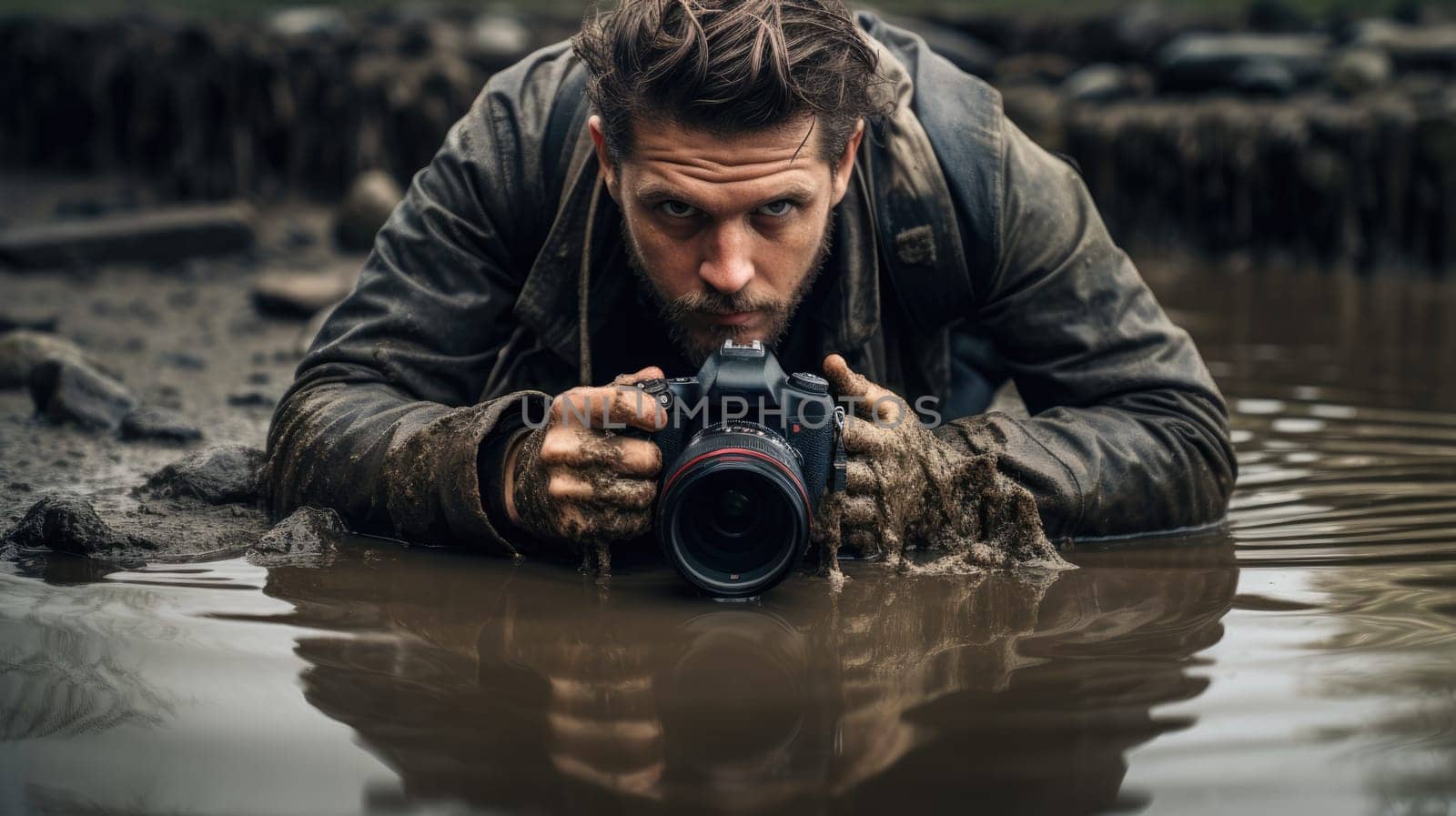 Photographer looking for the perfect shot in difficult natural conditions AI