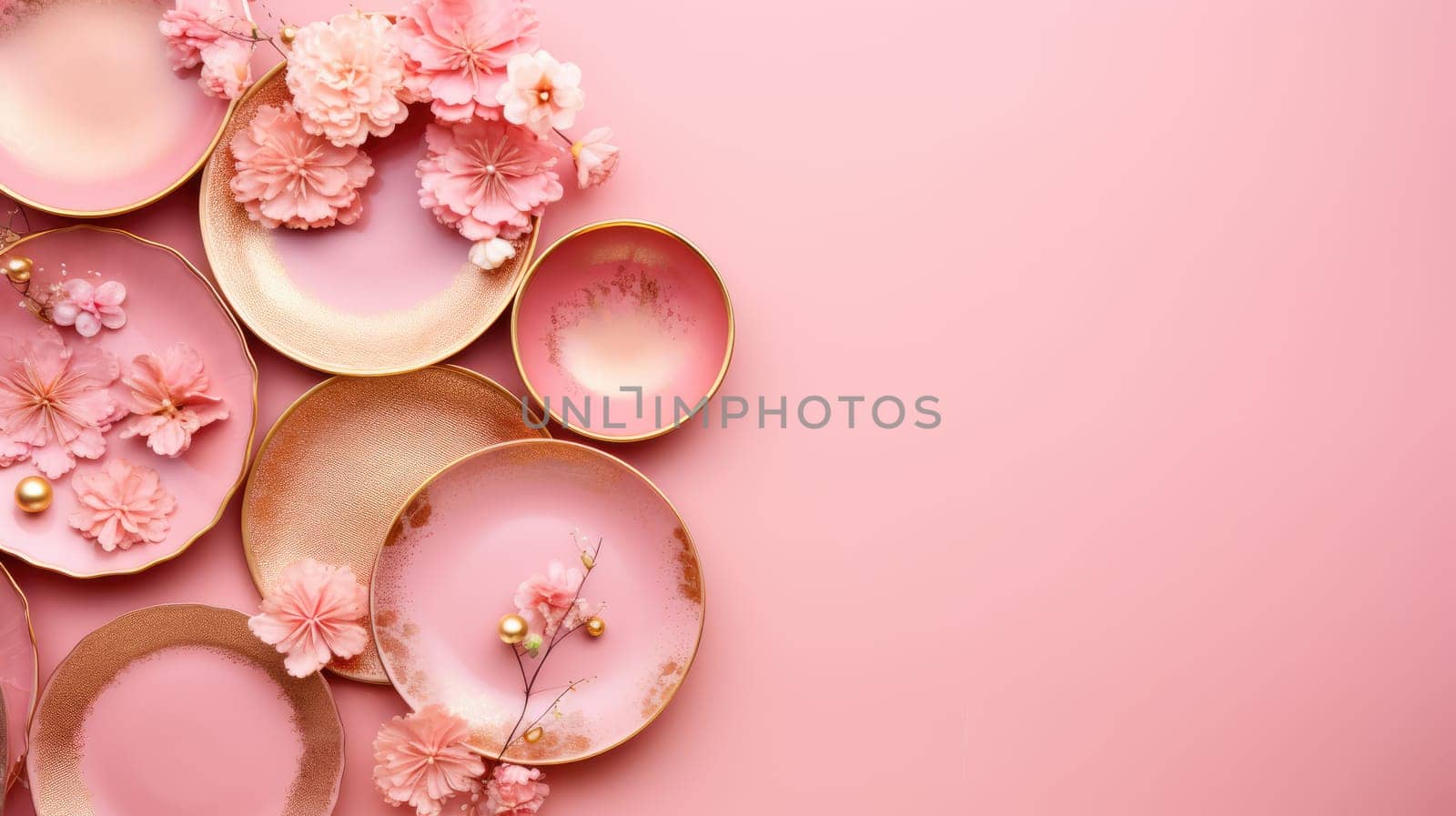 Pink and gold plate, flowers and cutlery on a pink background. Flat layer by natali_brill