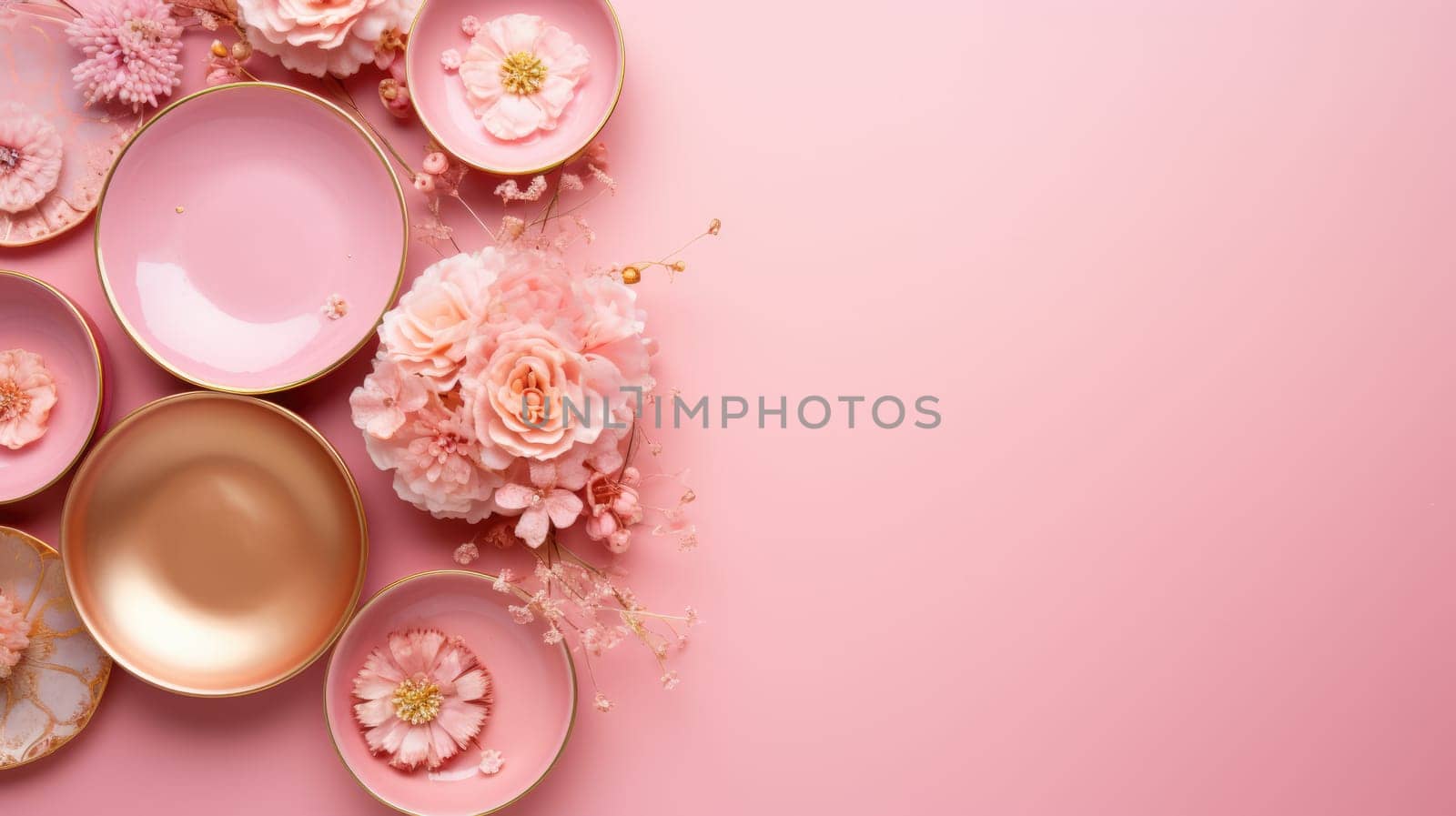 Pink and gold plate, flowers and cutlery on a pink background. Flat layer by natali_brill
