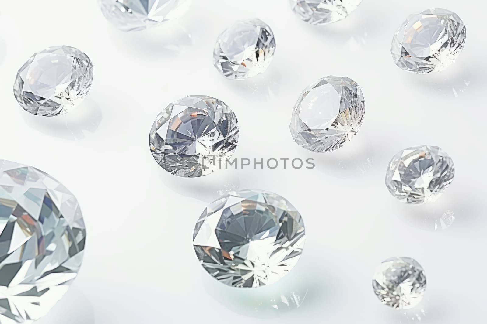 Diamonds gems of different cuts and sizes on white background