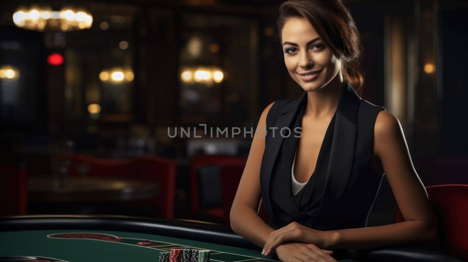 Smiling woman dealer at an empty poker table. AI