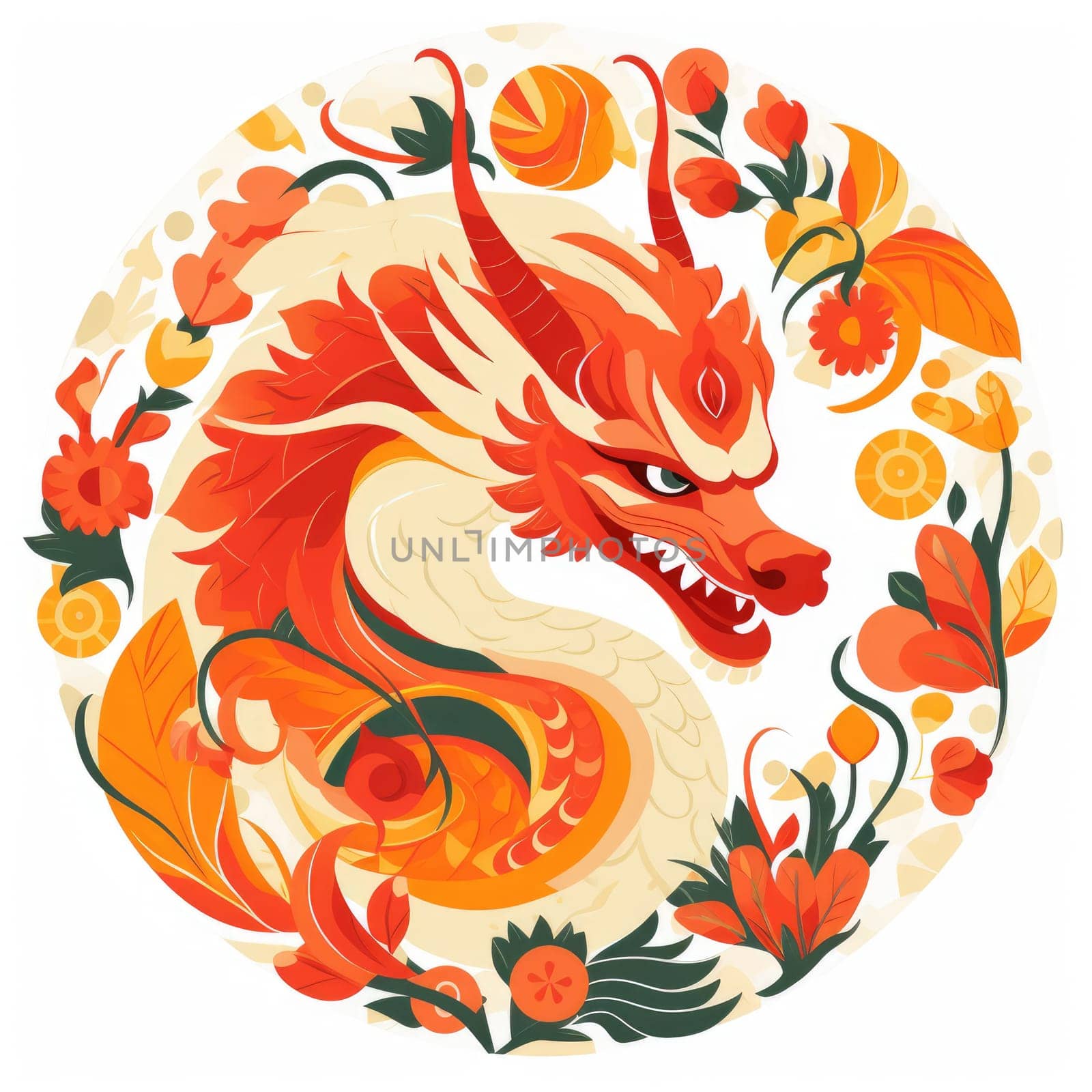 Illustration of Chinese dragon with floral bright patterns on a white background by natali_brill