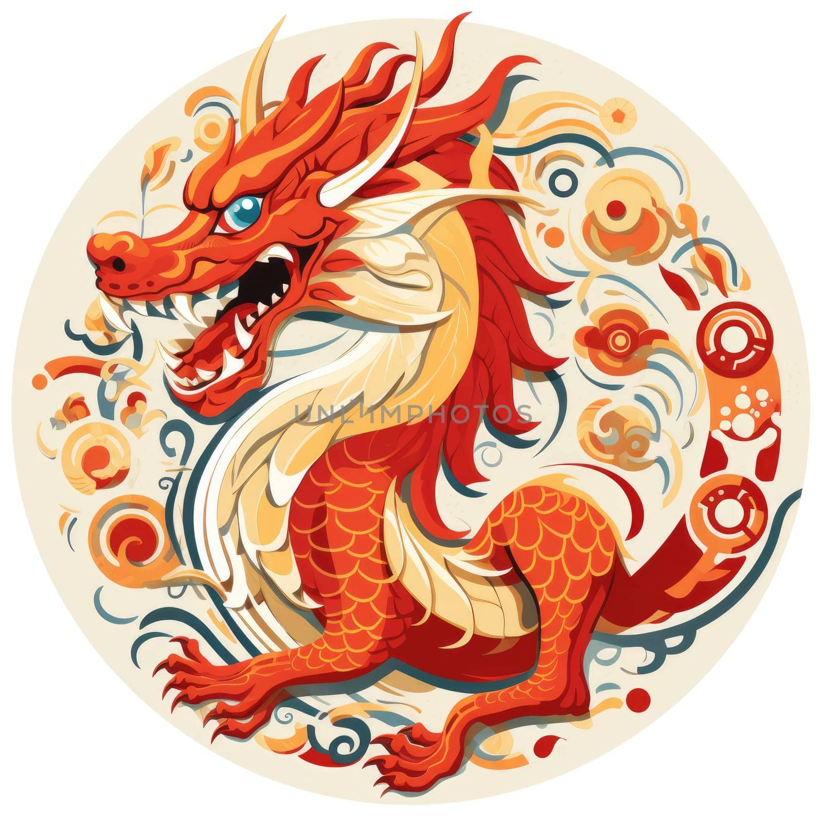 Illustration of Chinese dragon with floral bright patterns on a white background by natali_brill