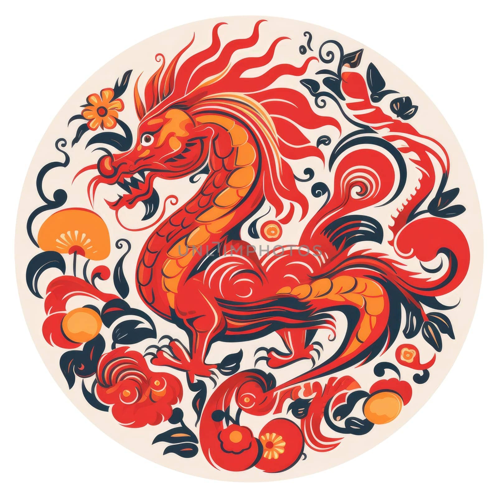 Illustration of Chinese dragon with floral bright patterns on a white background by natali_brill