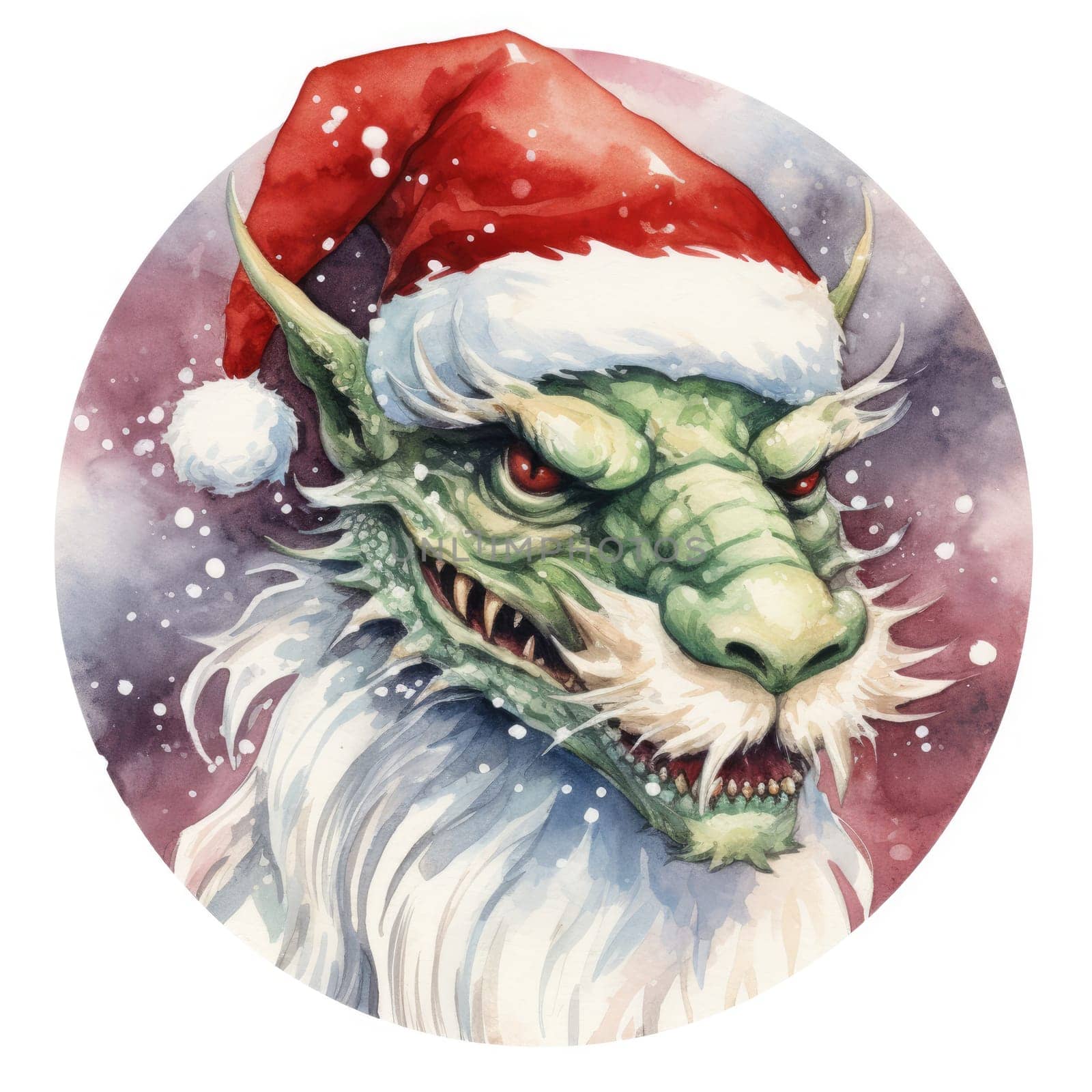 Illustration of a watercolor Chinese dragon wearing a santa hat on white by natali_brill