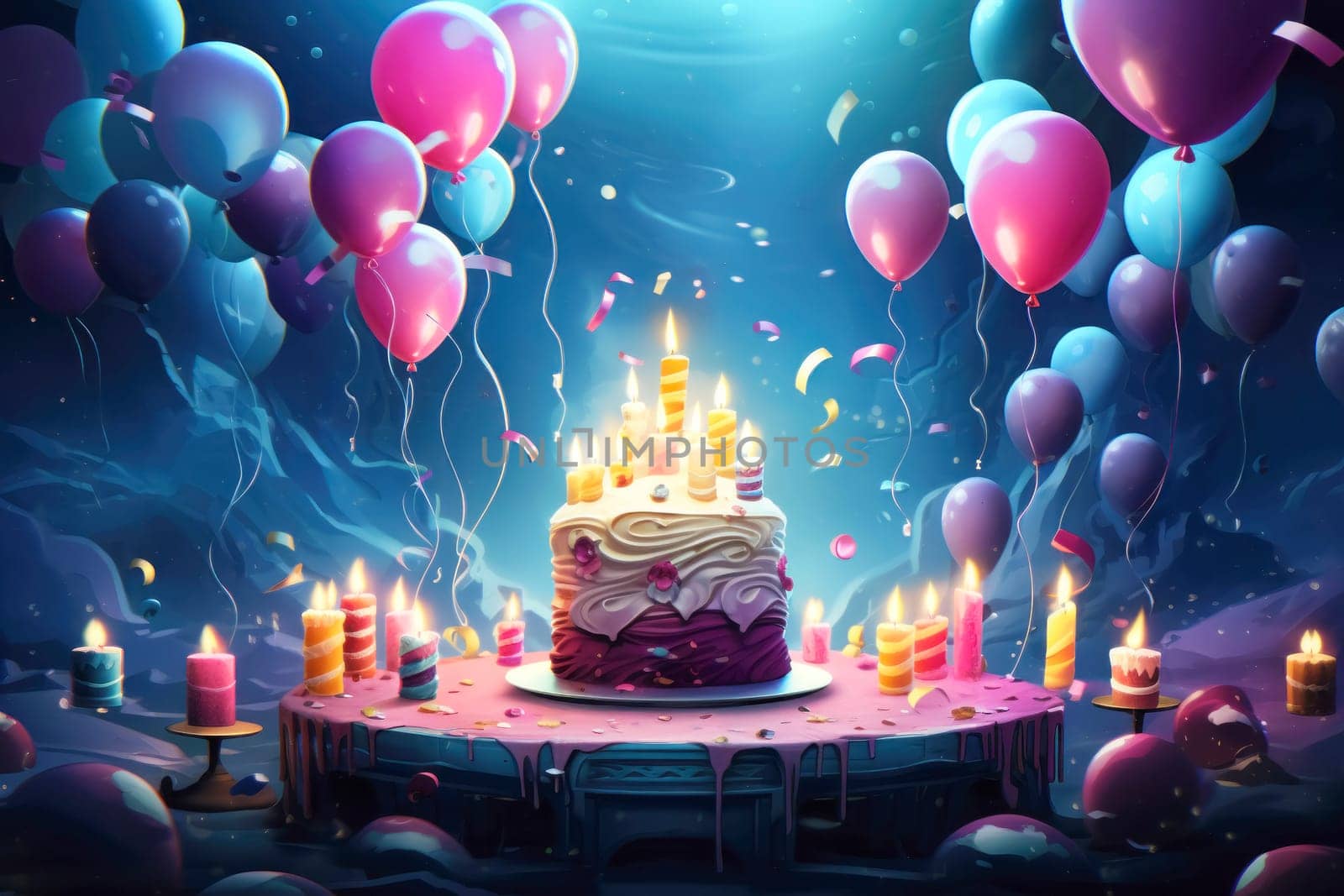 Birthday background with birthday cake with candles and colorful balloon by andreyz