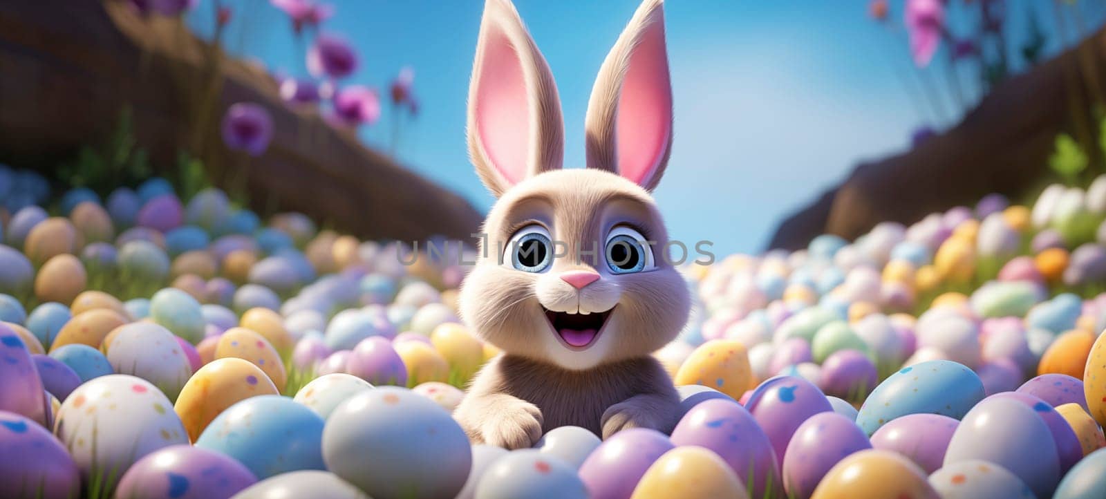 Happy Easter colorful banner with cute cartoon bunny rabbit and a lots of eggs. Easter festival background with bunny and eggs. Egg hunt contest