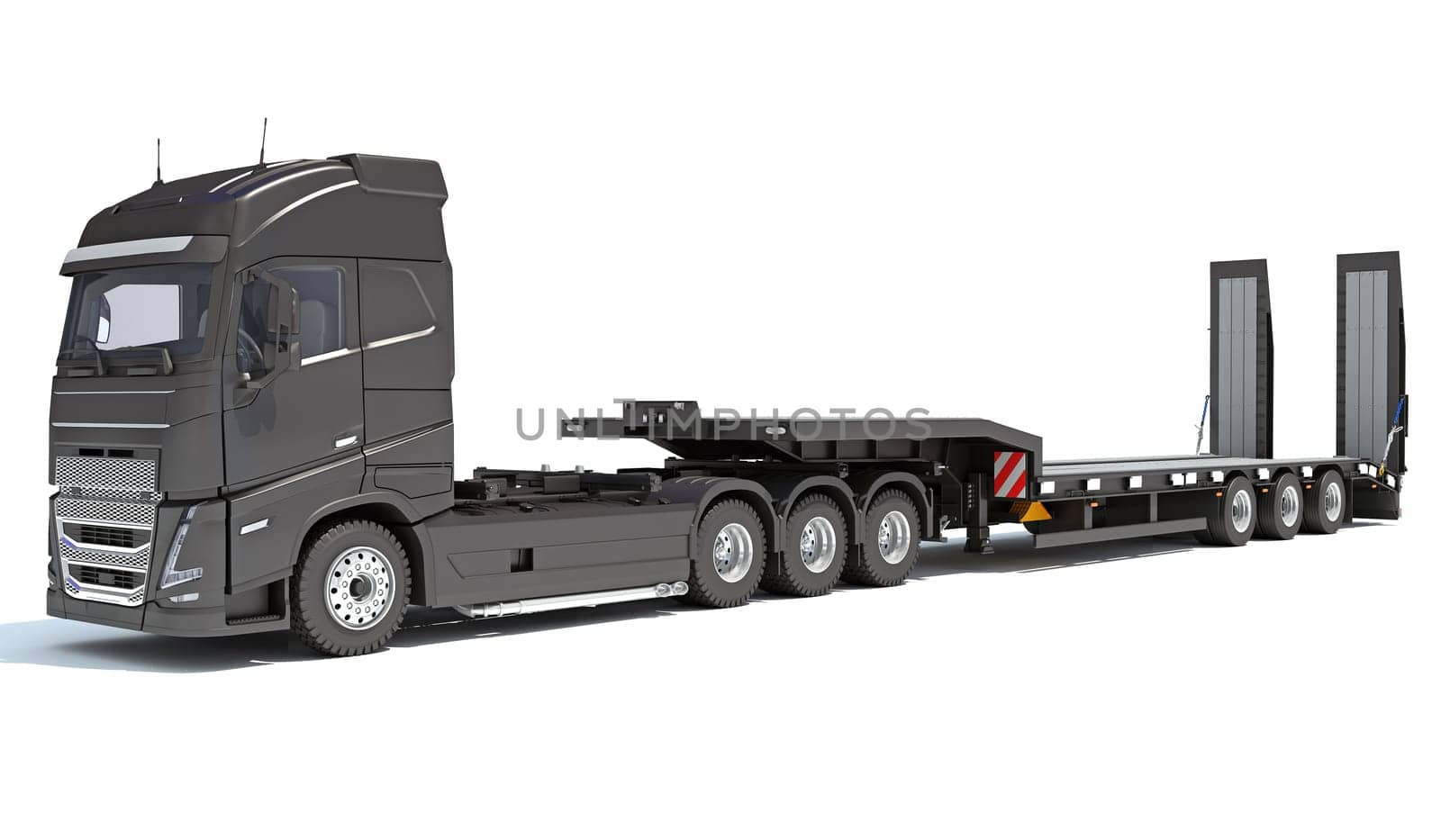 Truck with flatbed trailer 3D rendering on white background by 3DHorse