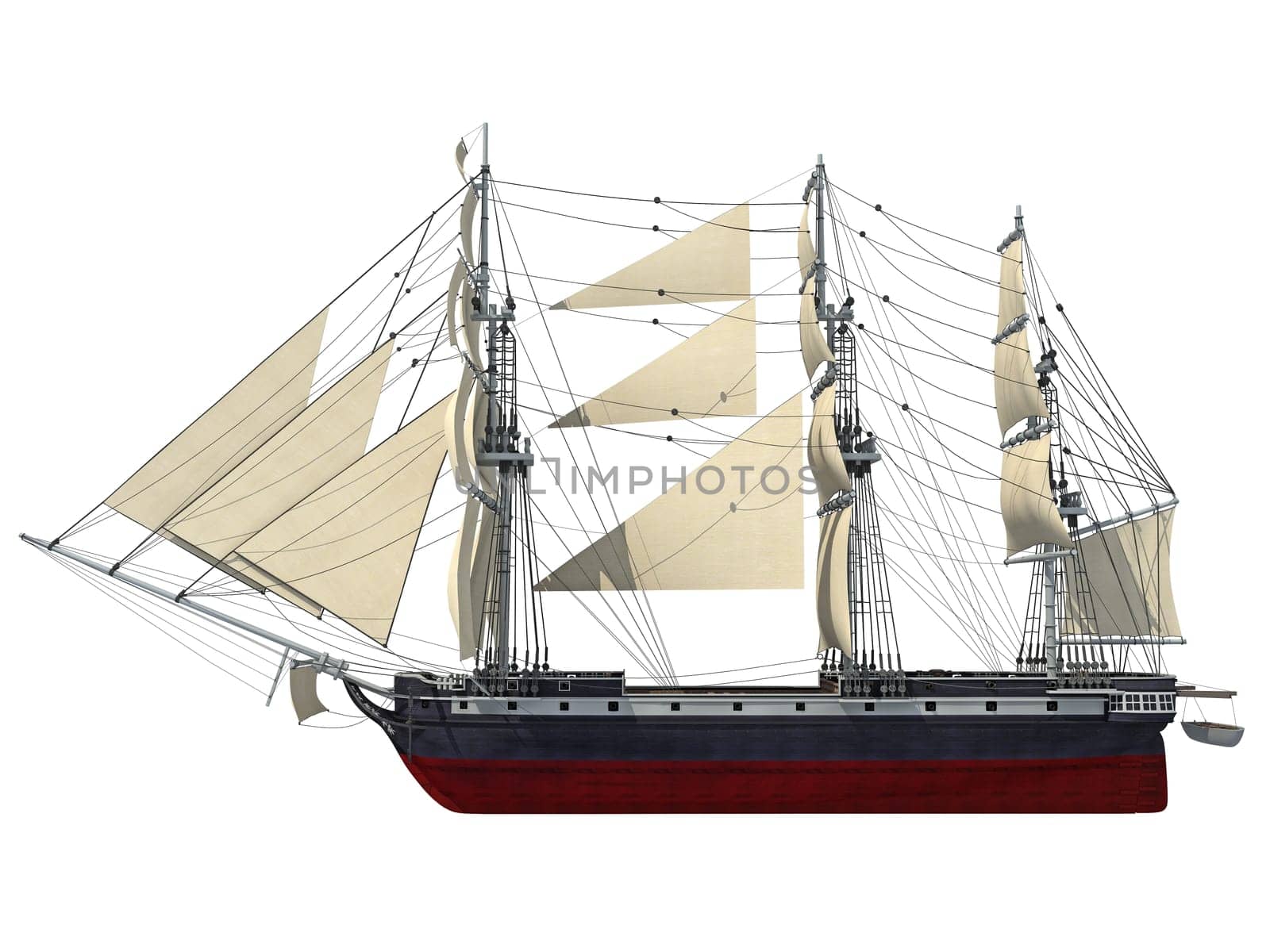 Sailing Ship 3D rendering model on white background