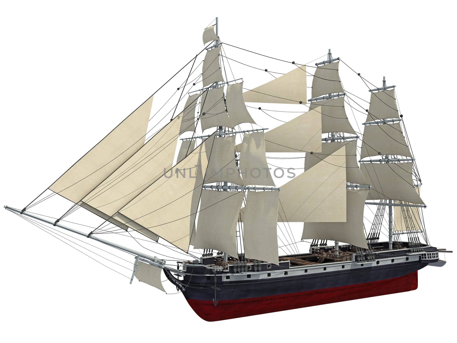 Sailing Ship 3D rendering model on white background