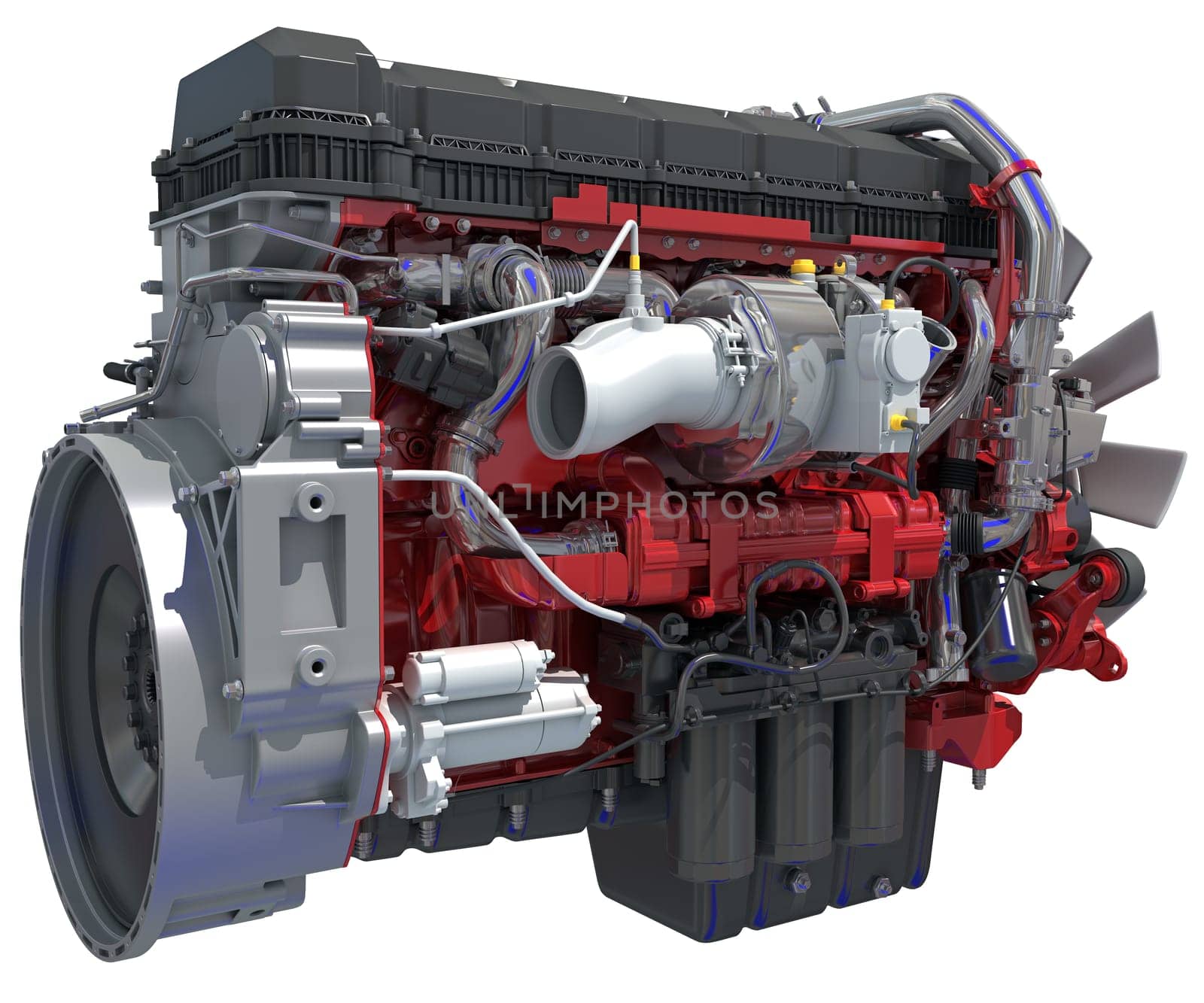 Truck engine 3D rendering model on white background