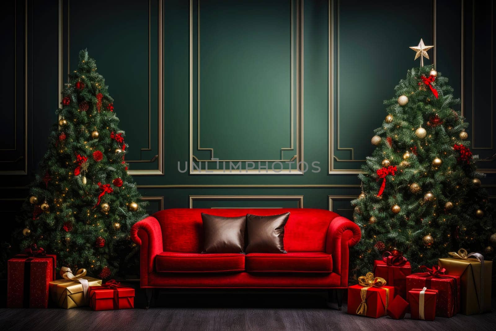 Christmas background with Christmas tree, gifts and sofa against a wall with empty space. Mock up. Christmas card