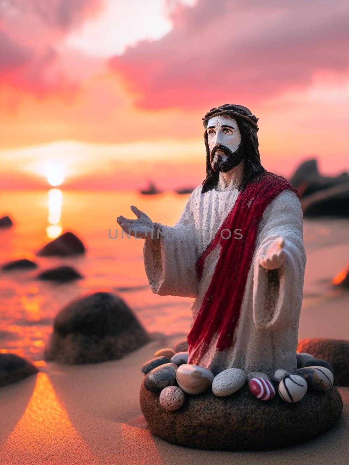 Sculpture of Jesus Christ made of pebbles at the beacj at sunset, asking for peace stop war concept by verbano