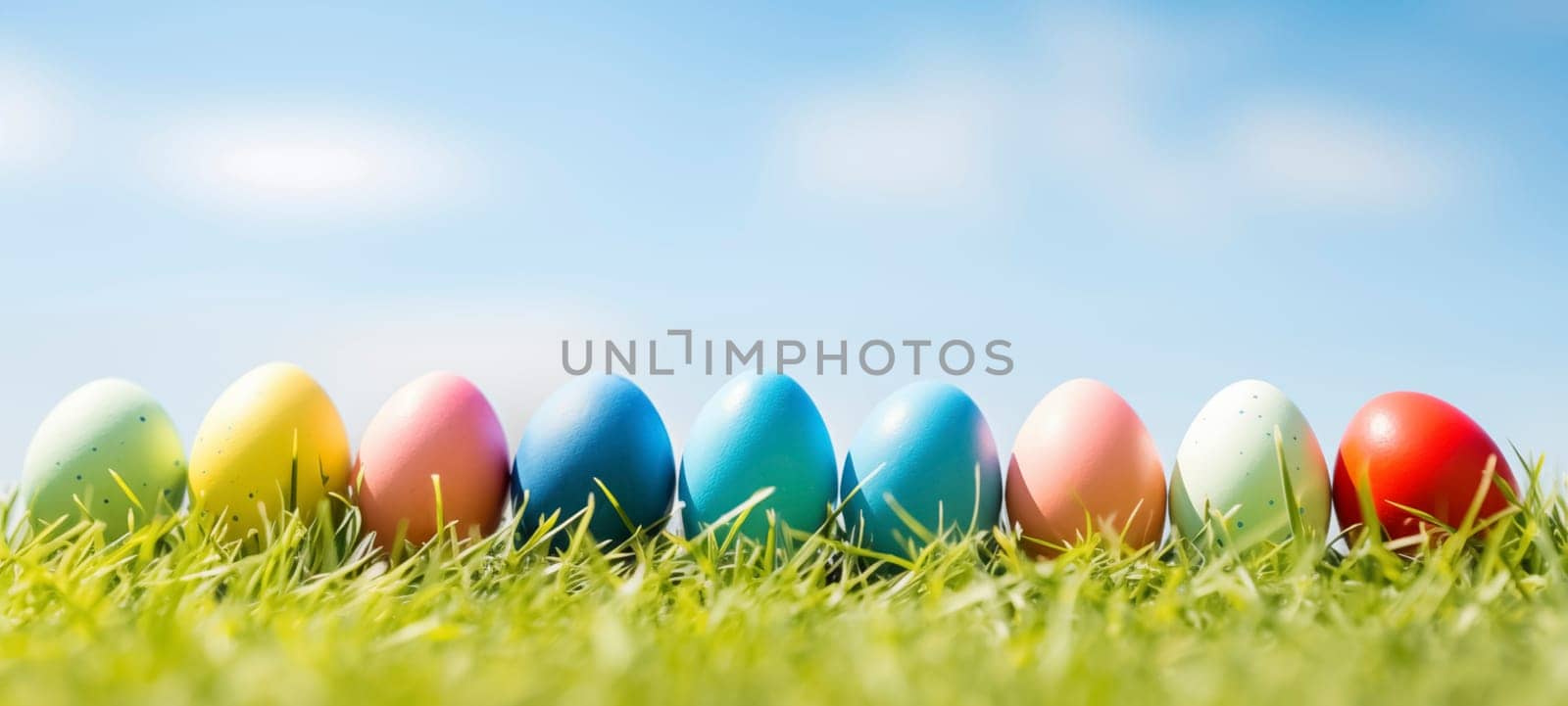 Easter banner with colorful painted eggs in row on green grass, copy space.