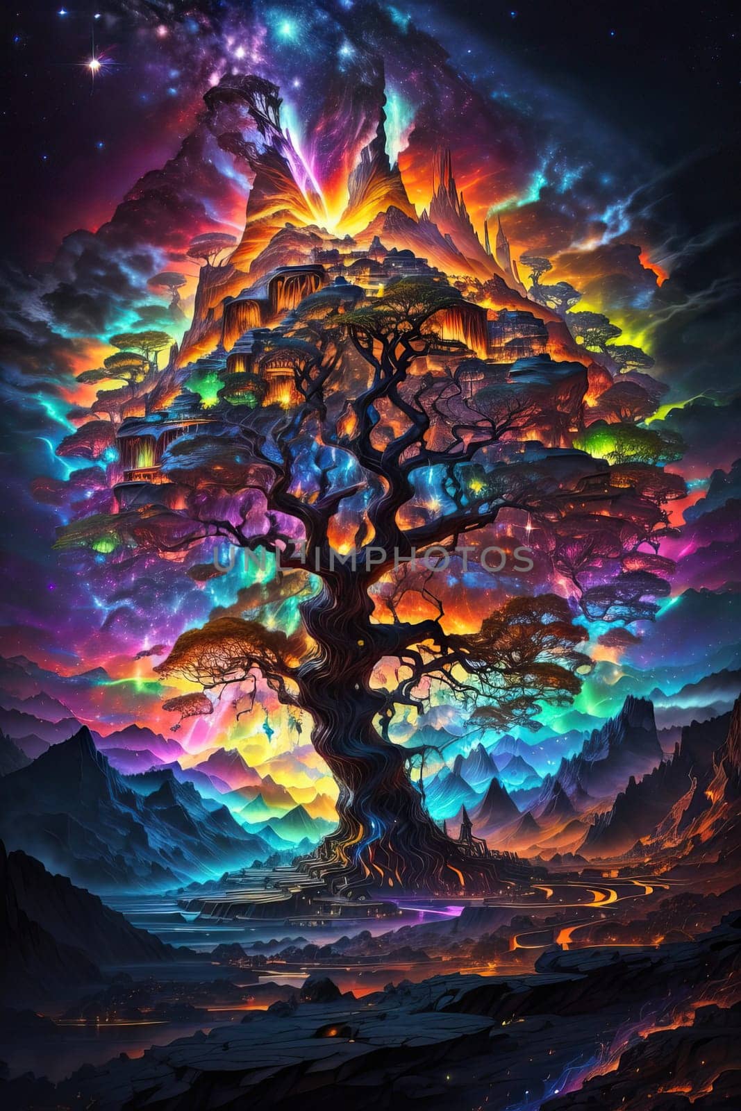 Magical colorful tree. AI generated