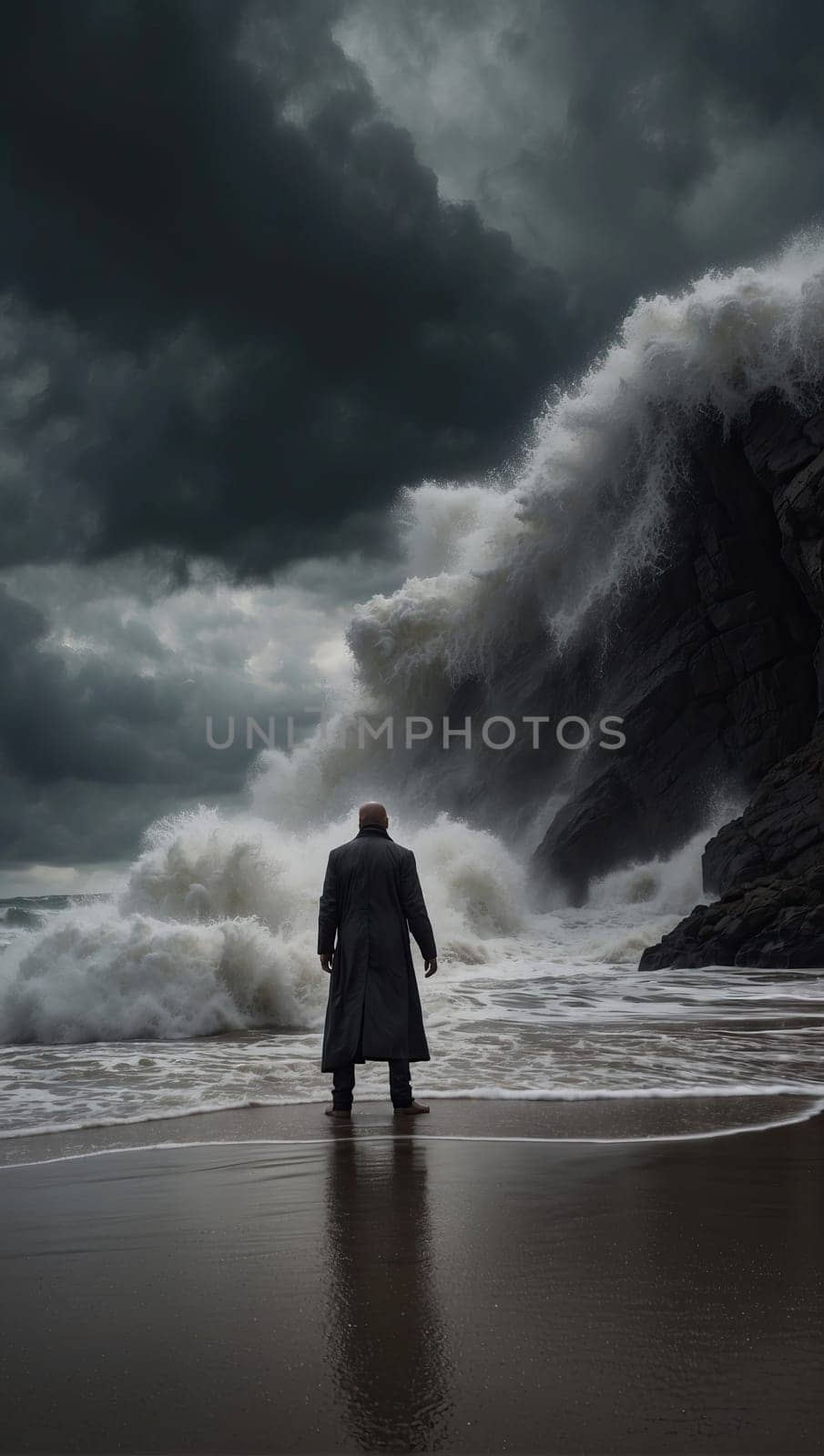Male figure in front of a stormy ocean by applesstock