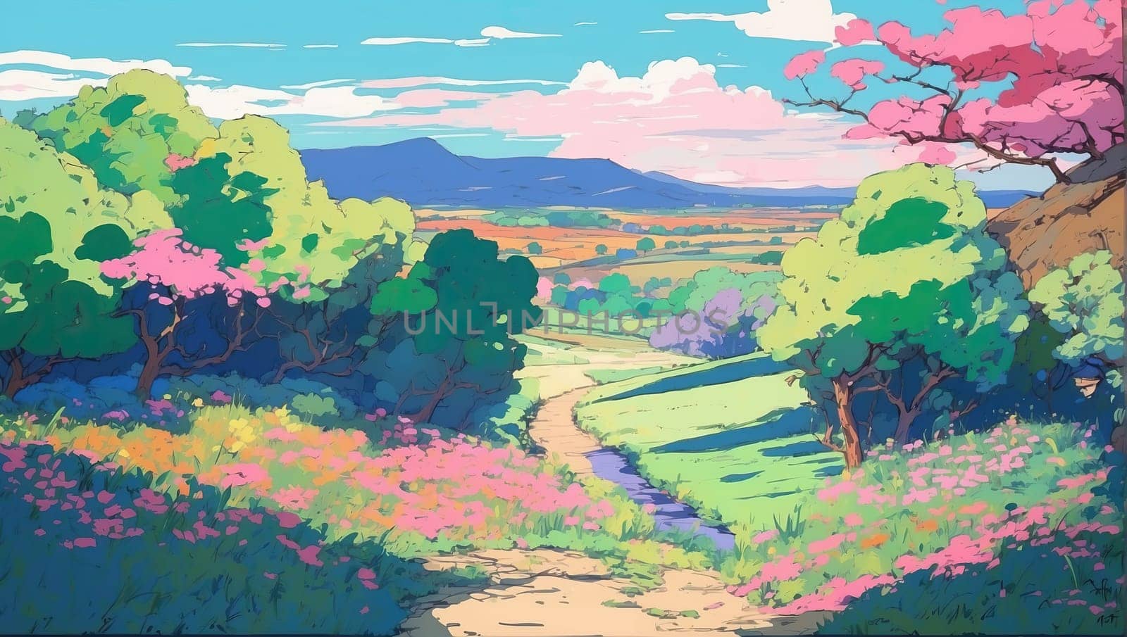 Colorful watercolor landscape. AI generated