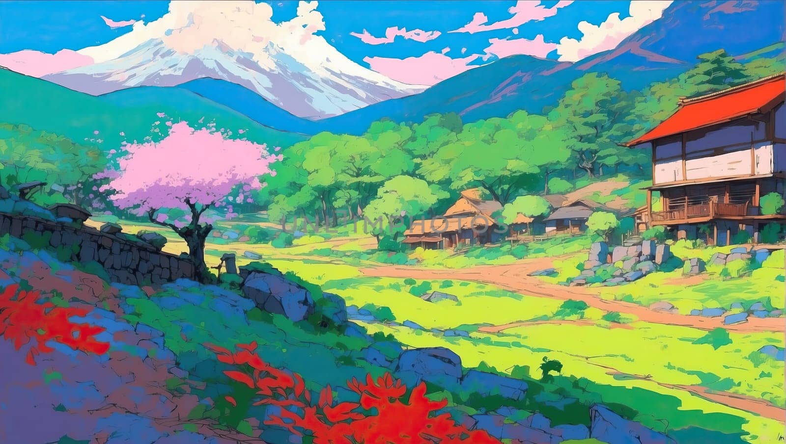 Colorful watercolor landscape. AI generated