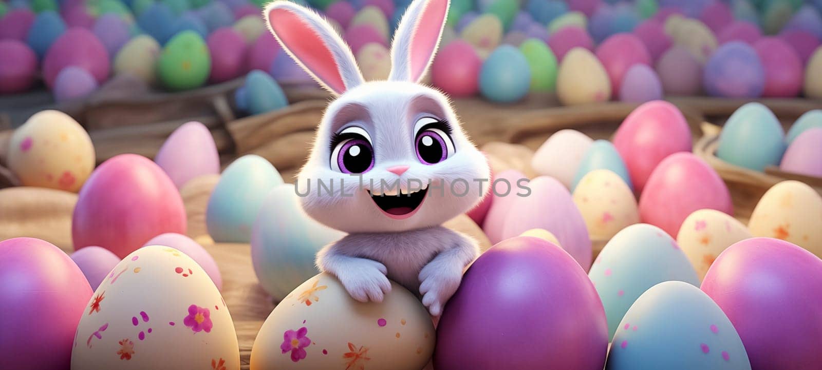 Happy Easter colorful banner with cute cartoon bunny rabbit and a lots of eggs. Easter festival background with bunny and eggs. Egg hunt contest