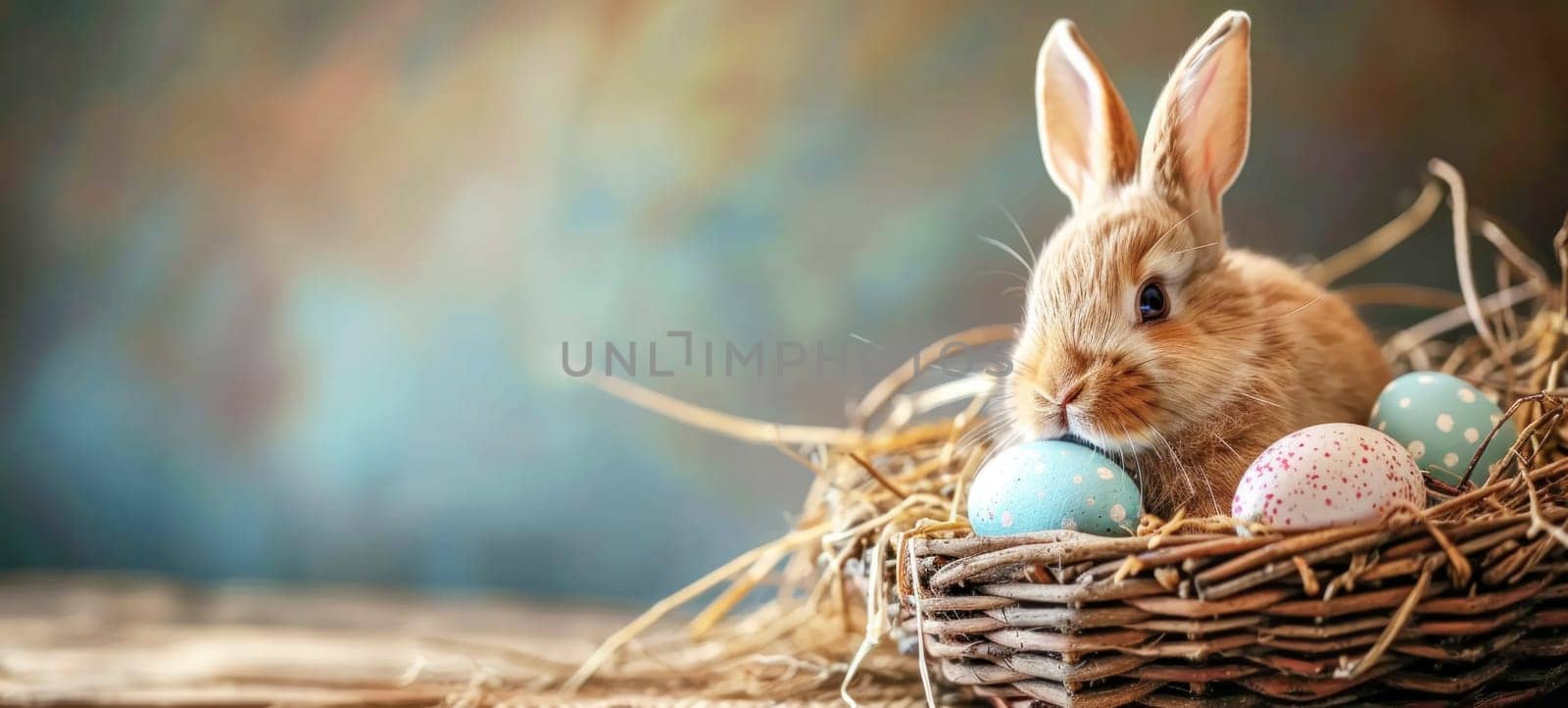 Cute young Easter bunny in a wicker basket with dyed eggs on a wooden table. Easter banner with copy space