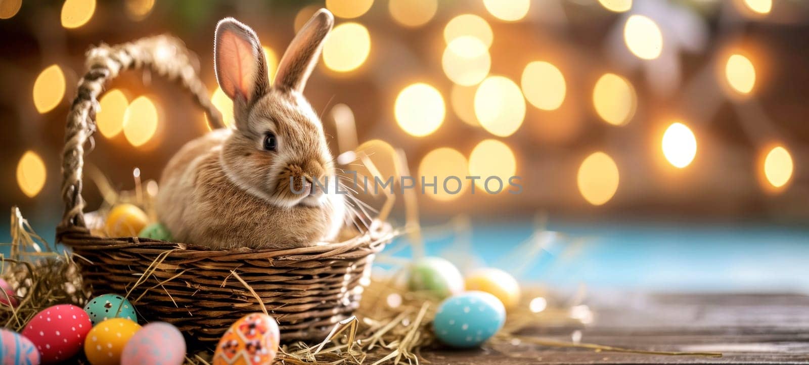 Cute young Easter bunny in a wicker basket with dyed eggs on a wooden table. Easter banner with copy space