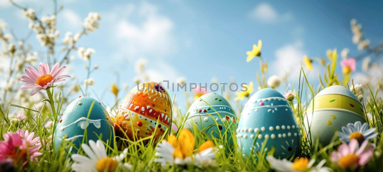 Happy Easter. Decorated Easter eggs on green grass on a sunny spring day. Easter banner with copy space