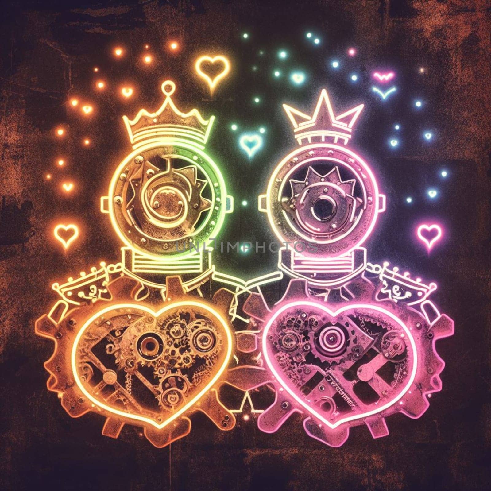 steampunk king and queen in love neon sign valentines illustration concept rusty background generative ai art