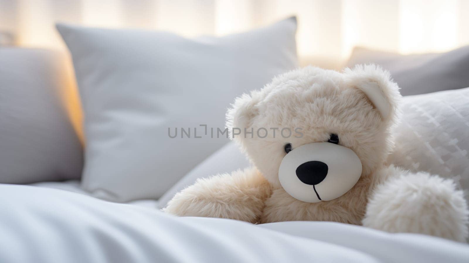 Cute white teddy bear, lie in white bed, at daylight.