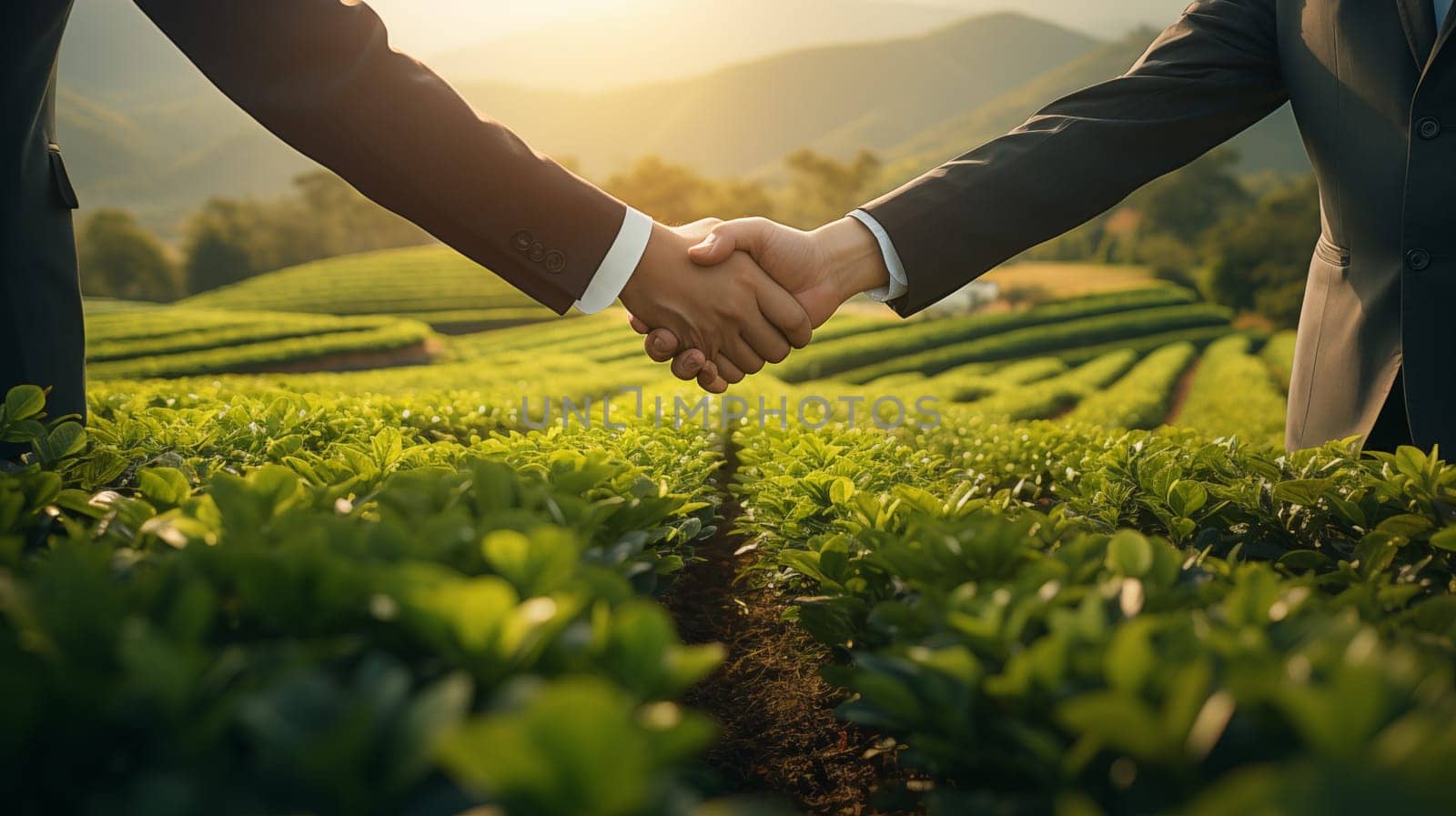 Close up of Handshake of two men in business suits against the background of tea plantations.
