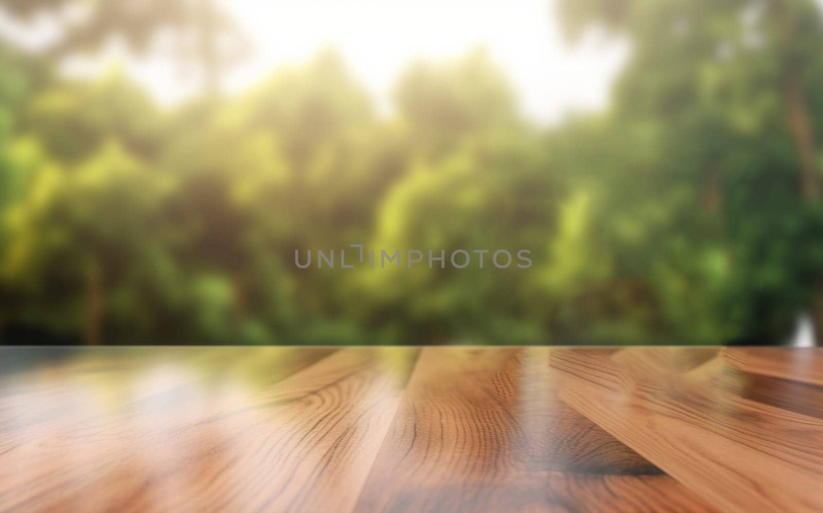 An empty, smooth wooden countertop with a view of blurred green trees.