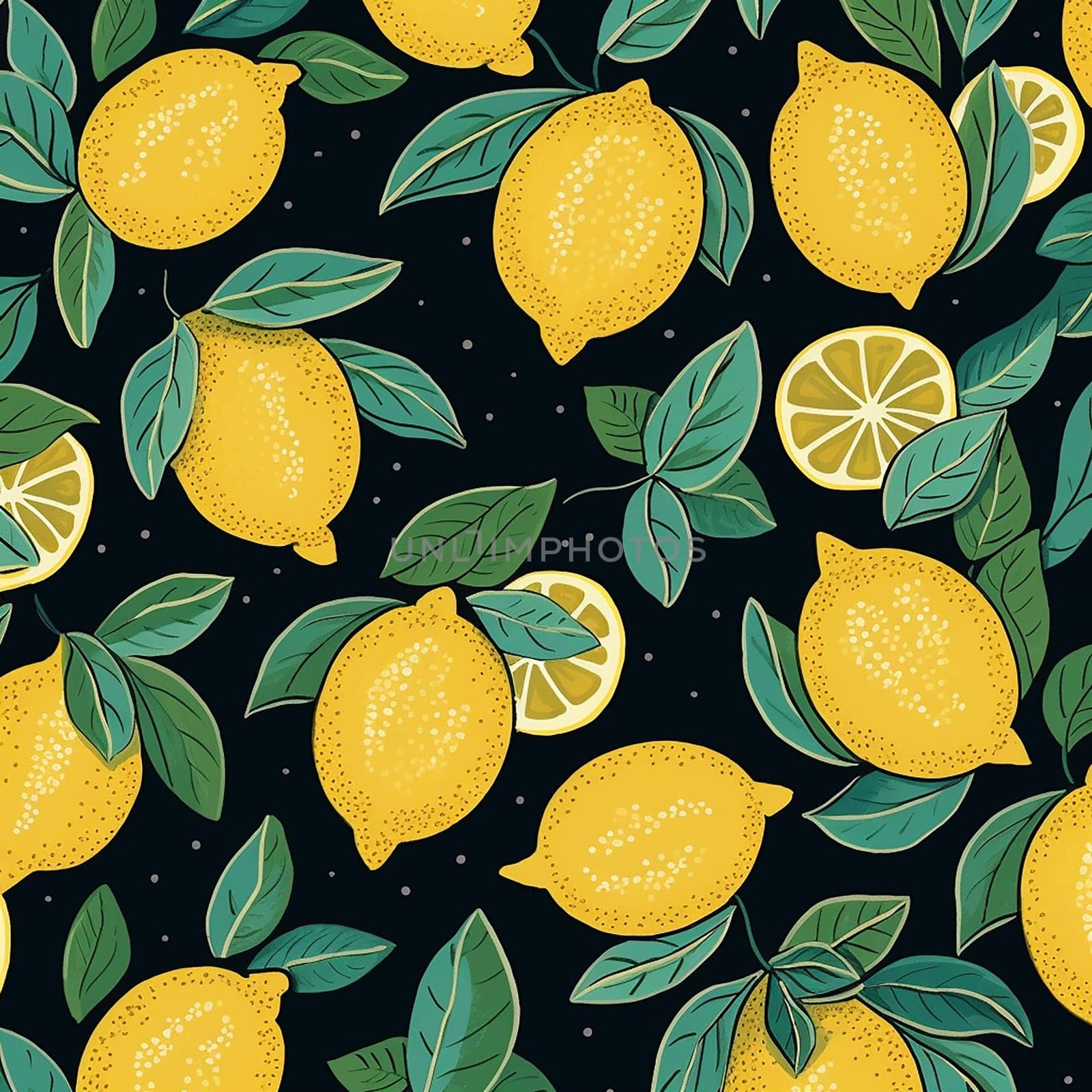 illustration of Fresh Lemons and Leaves Pattern on a Dark Background