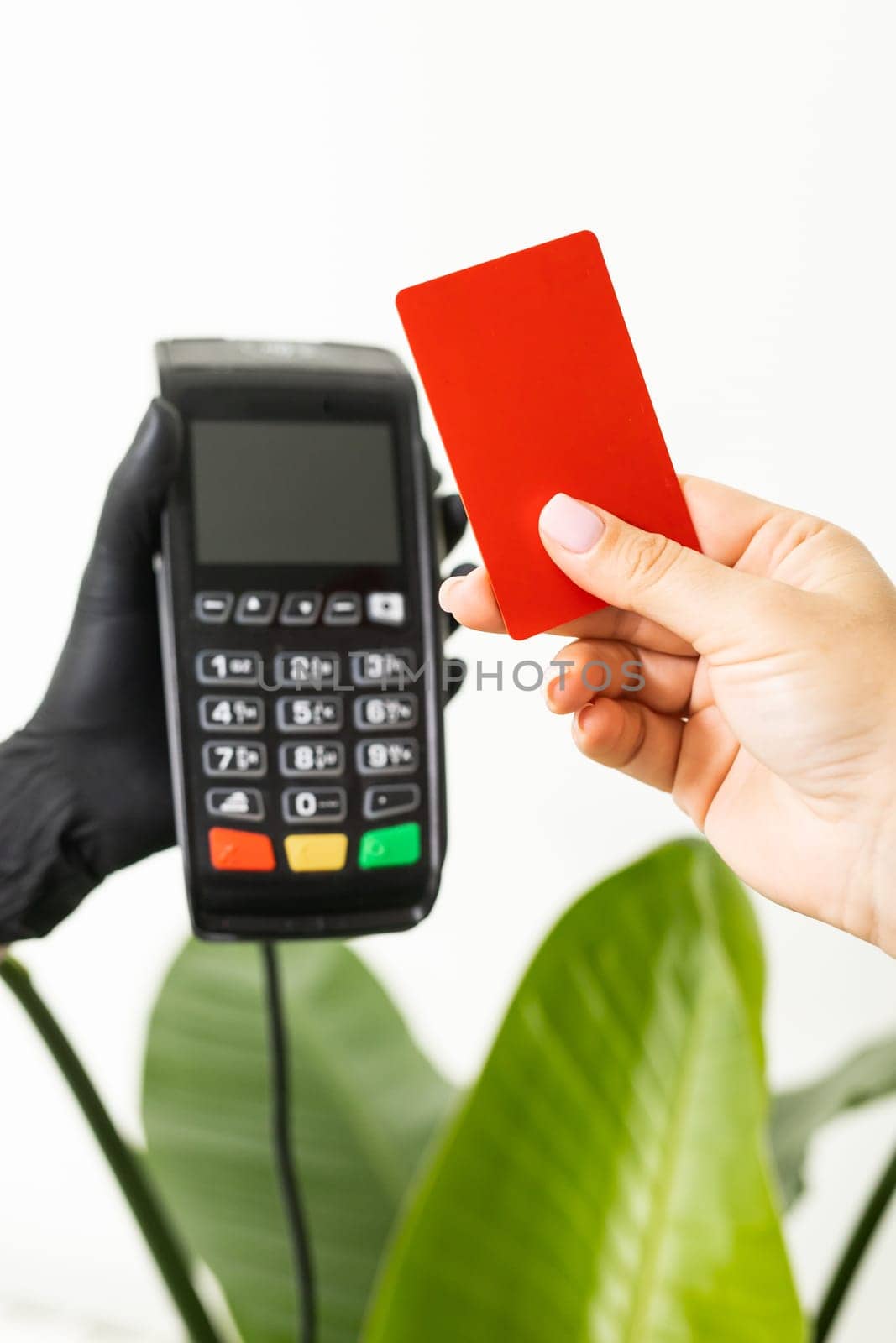 Pay money credit card for spending money with Payment machine. Copy space and empty place for advertising text mock up by Satura86