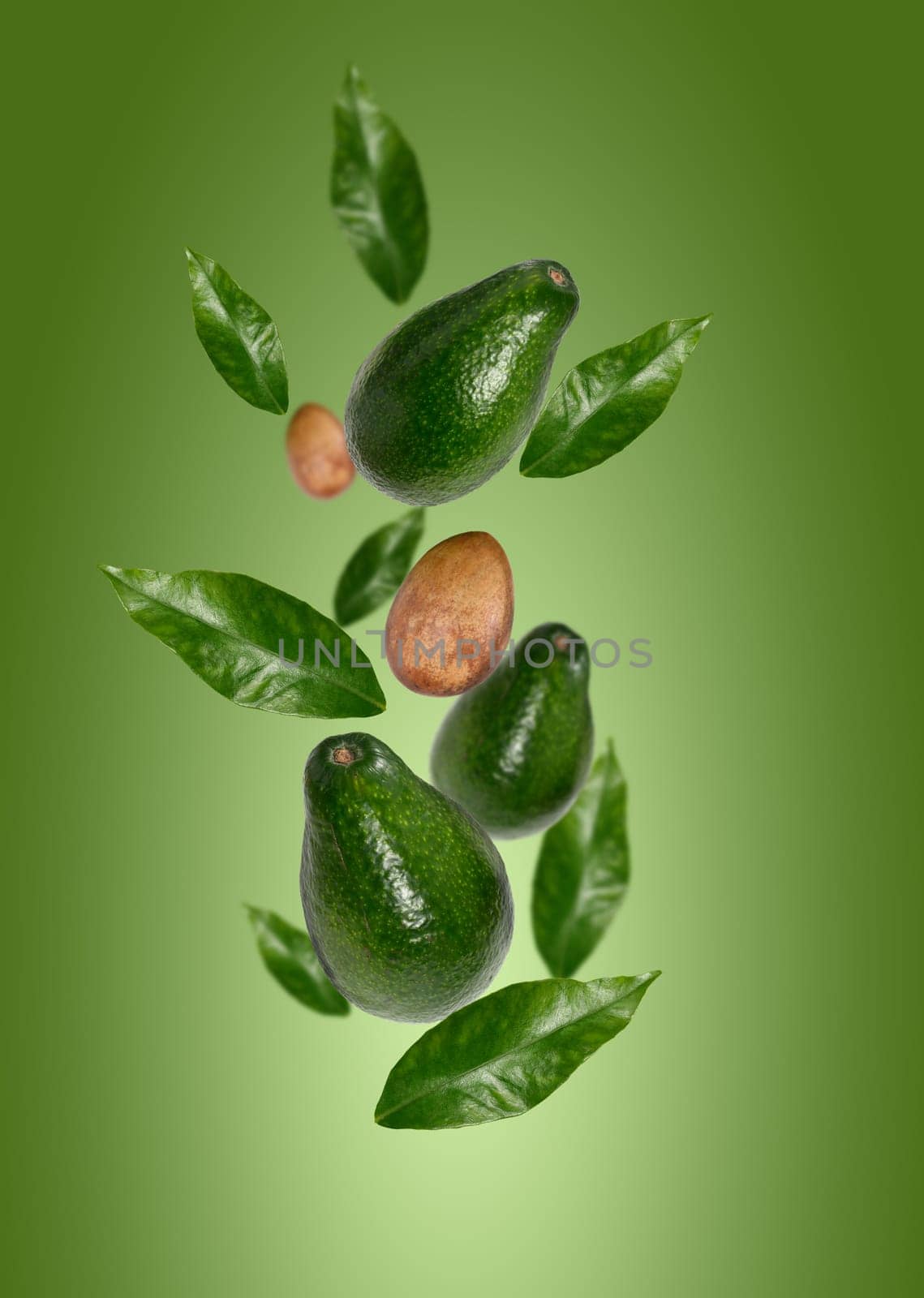 Whole green avocado fruit and pit levitate on a green background, tasty and healthy