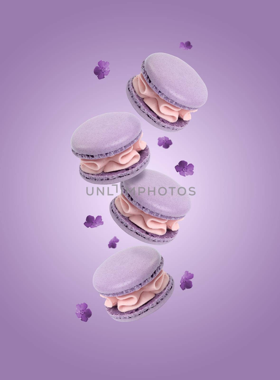 Purple macarons levitate on a purple background, gourmet dessert