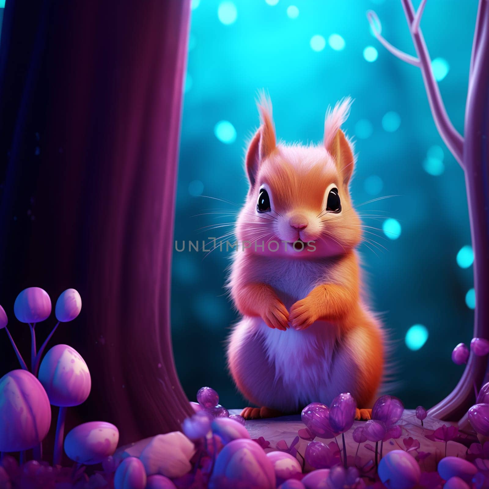 A close up of a cute cartoon squirrel in a magical forest - Generative AI