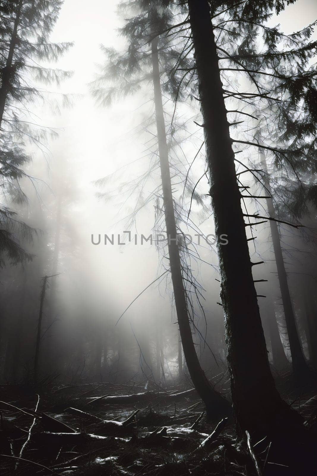 A foggy forest with trees and sun rays - black and white image - generative AI