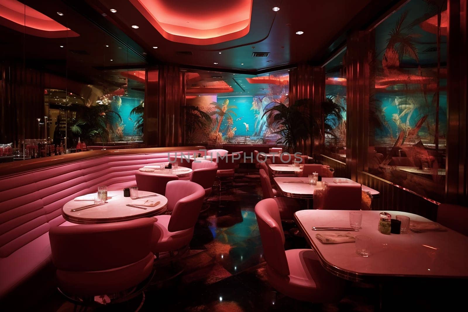 Elegant restaurant interior with modern lighting and stylish decor by Hype2art