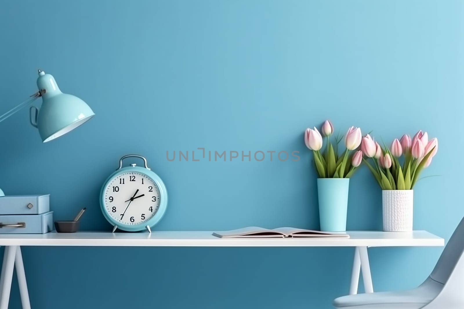 A smart working station with a desk and some potted plant in a blue room