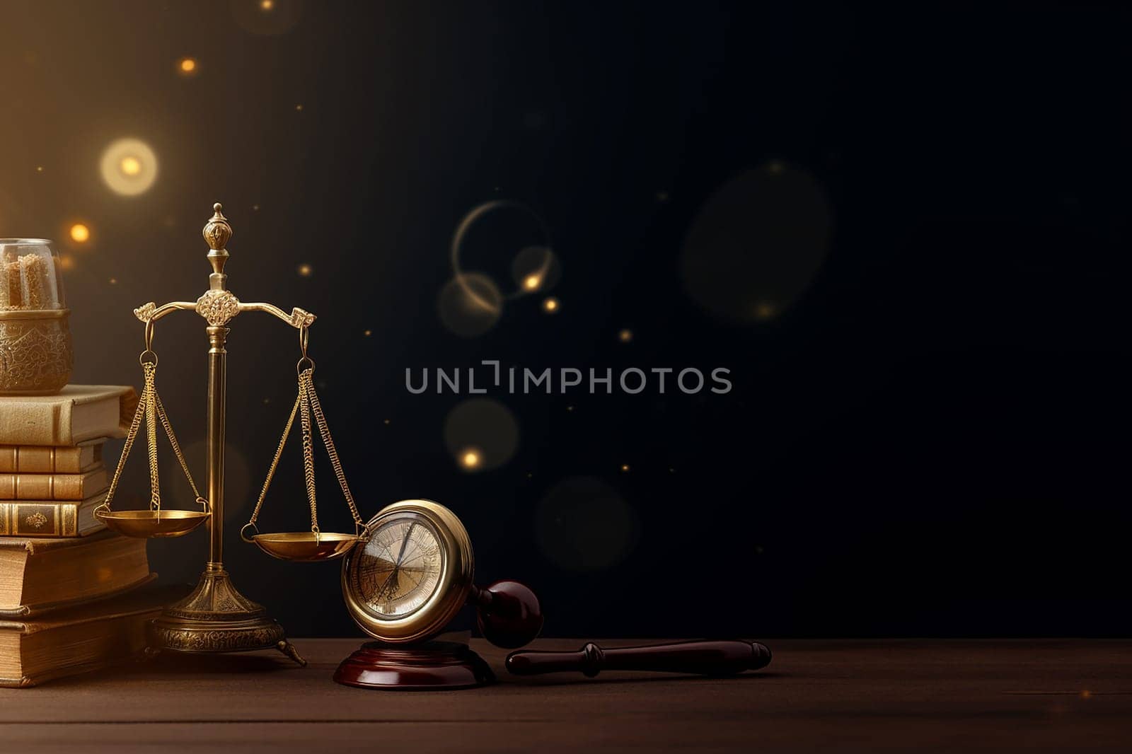 Law symbols on a wooden table, including a gavel, scales of justice, and books, with a warm, dark background and bokeh lights.