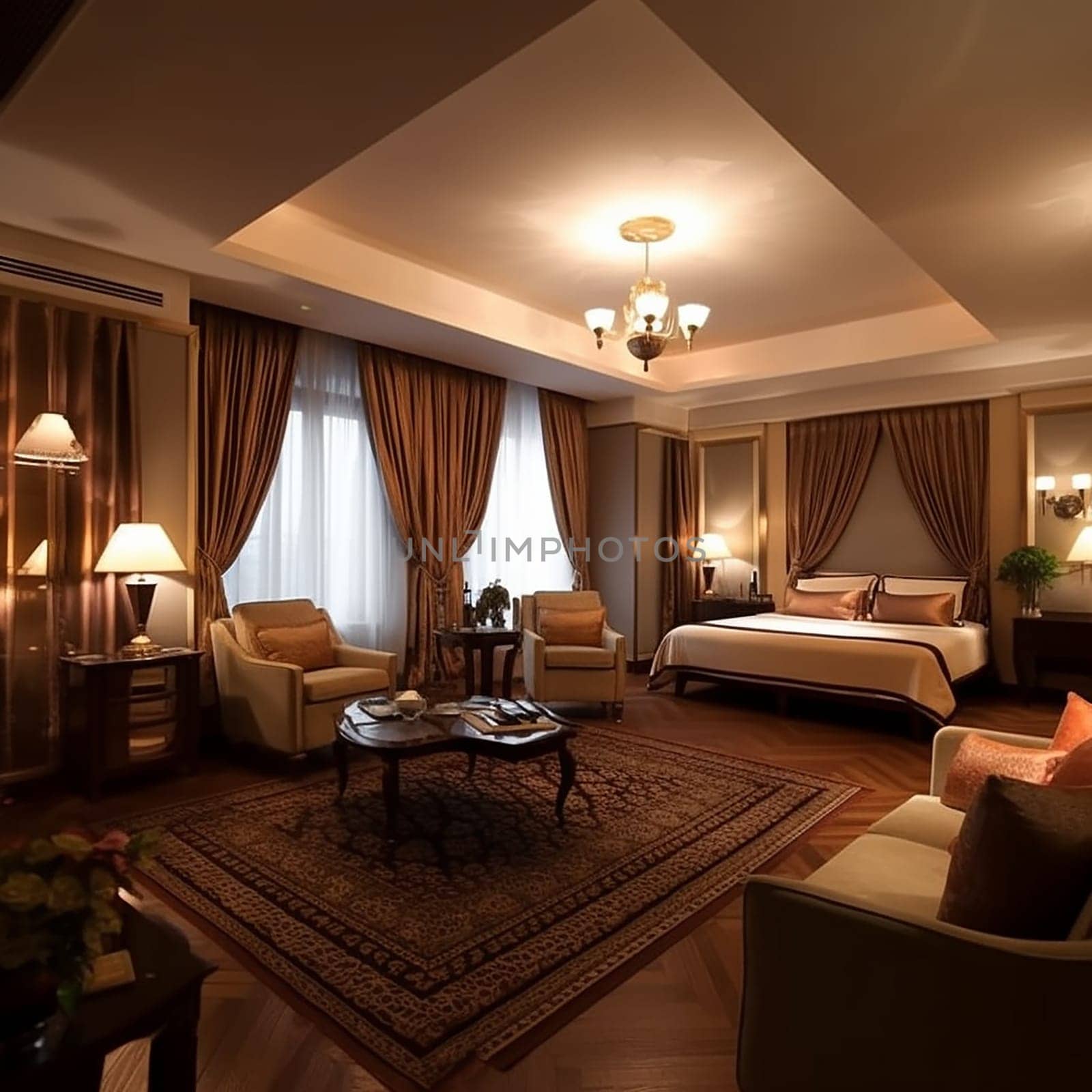 luxury hotel room with warm lighting carpet and a bed with a modern and classic interior design