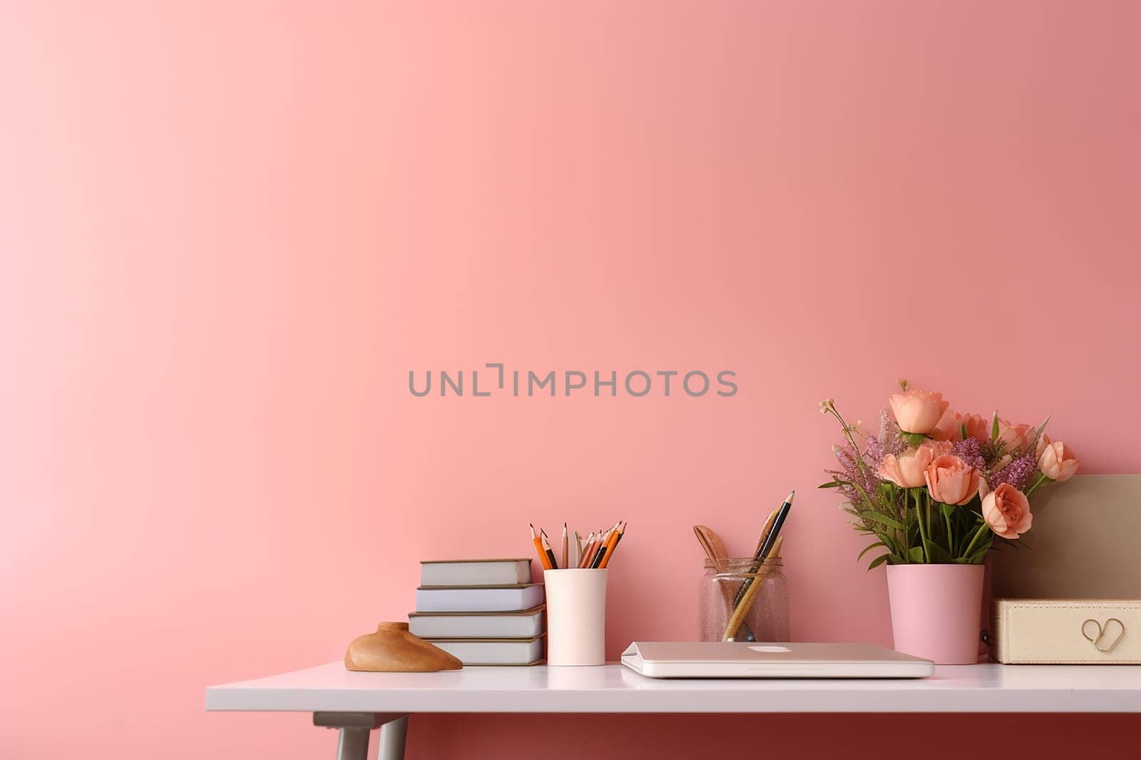 Modern workspace with books, flowers, and laptop on white desk against pastel pink background.