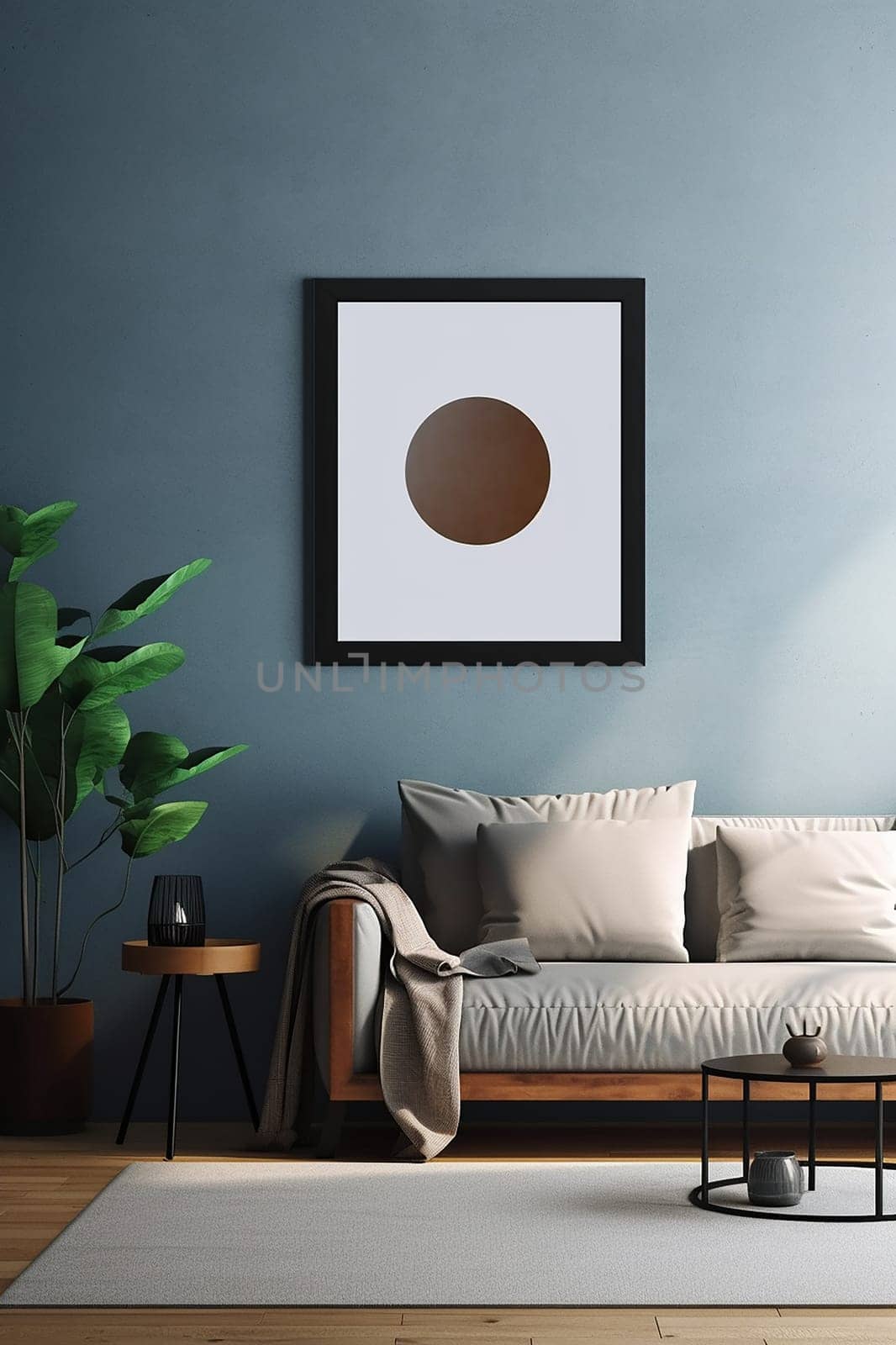 A modern mock up vertical frame in a living room with brown sofa and white pillow with potted plant, with wooden table