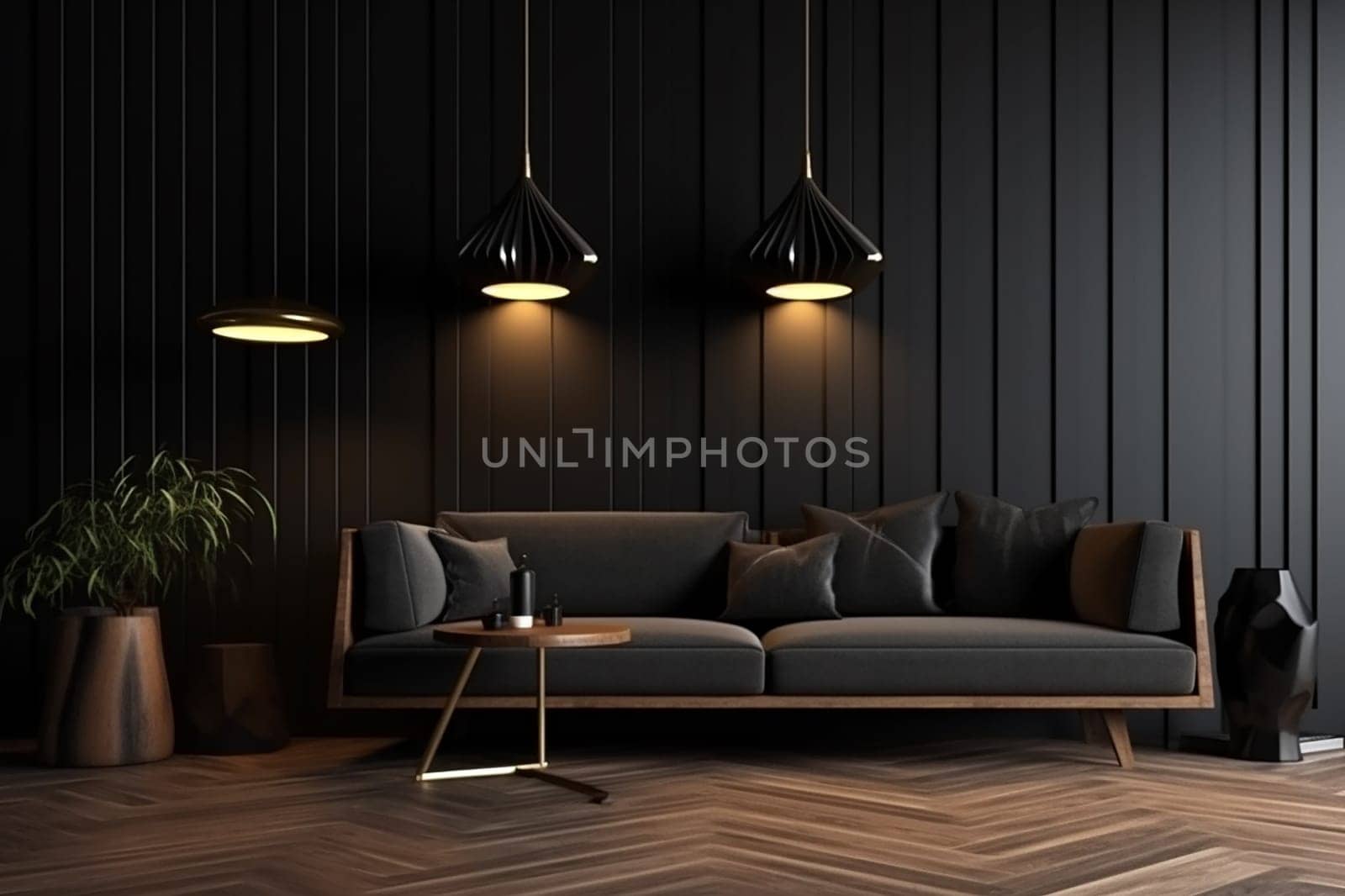 Modern living room interior with elegant sofa, pendant lights, and wooden floor. Stylish dark wall design with cozy ambiance.
