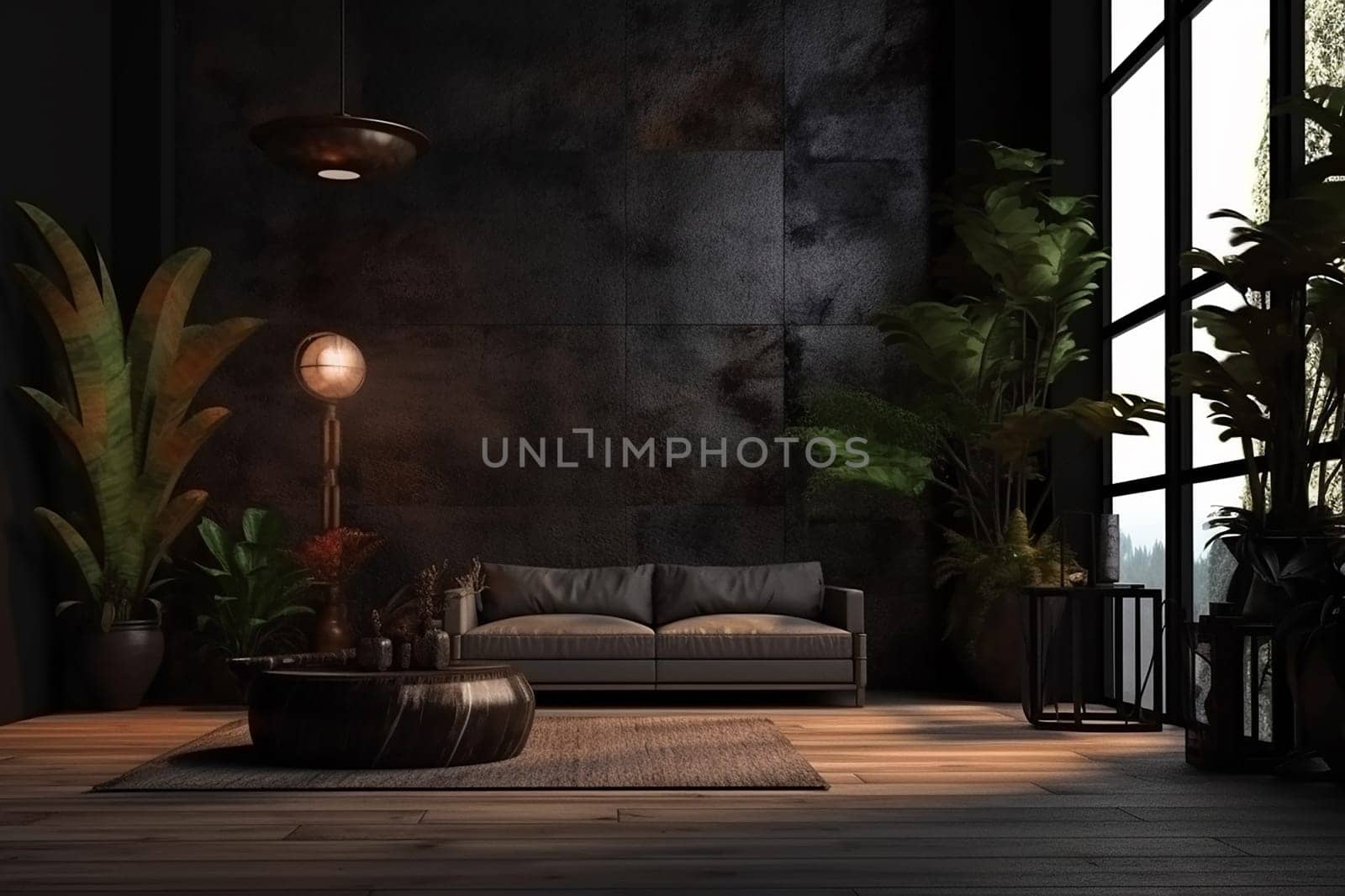 Modern living room interior with sofa and green plants,lamp,table on dark wall background.