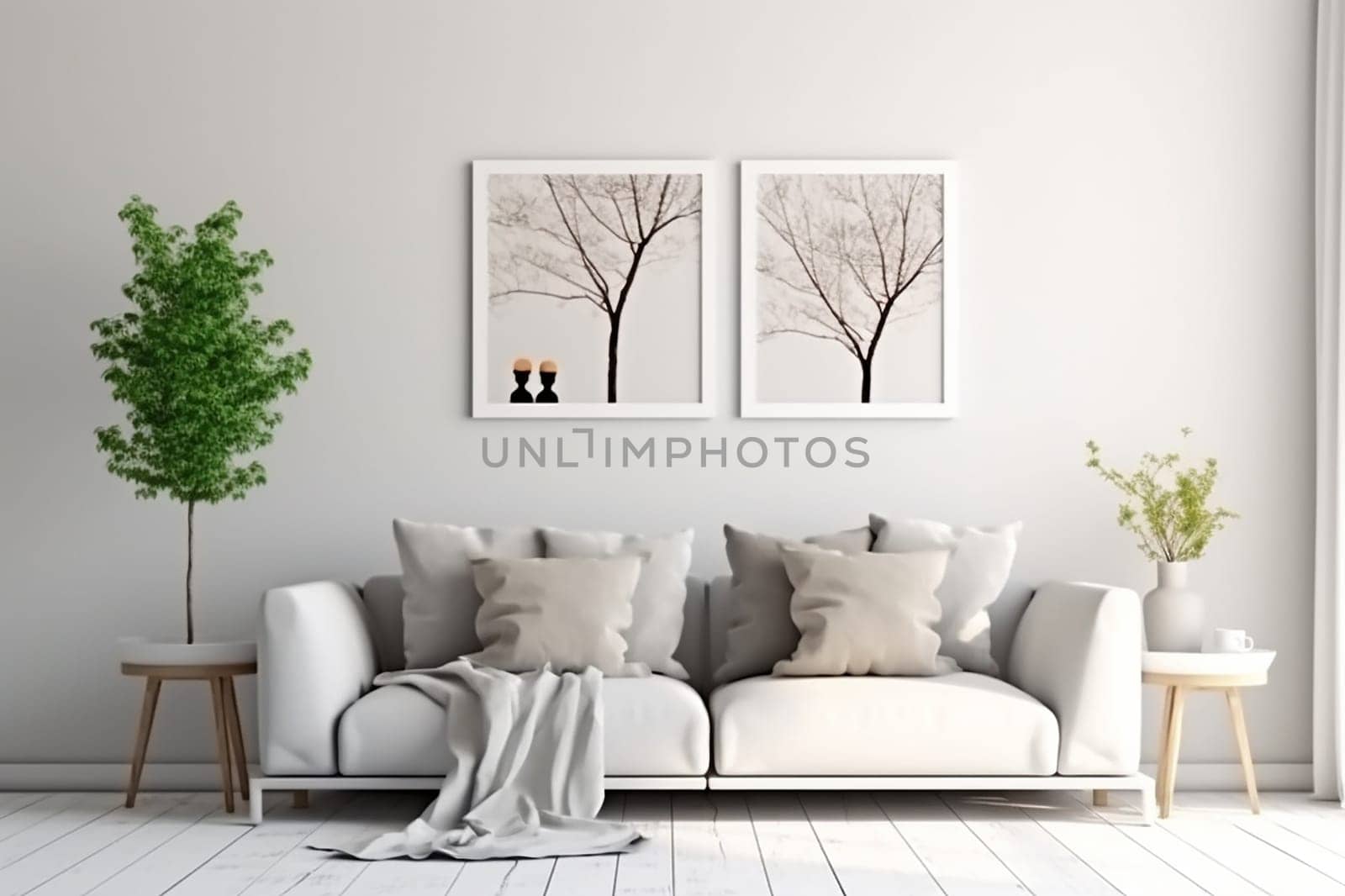 Mock up for two square frames, minimalist living room interior with a blank frame, gray sofa, indoor plant, and decorative vase on a side table.
