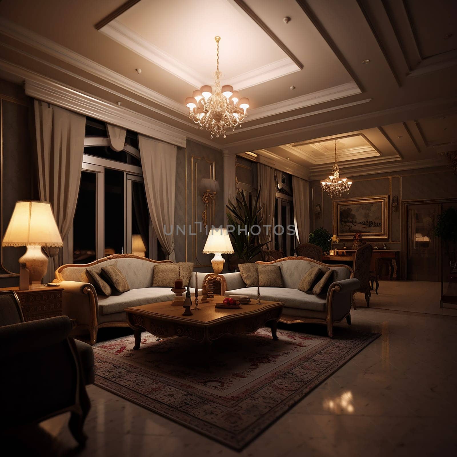 Cozy living room at night with warm lighting, comfortable sofa by Hype2art