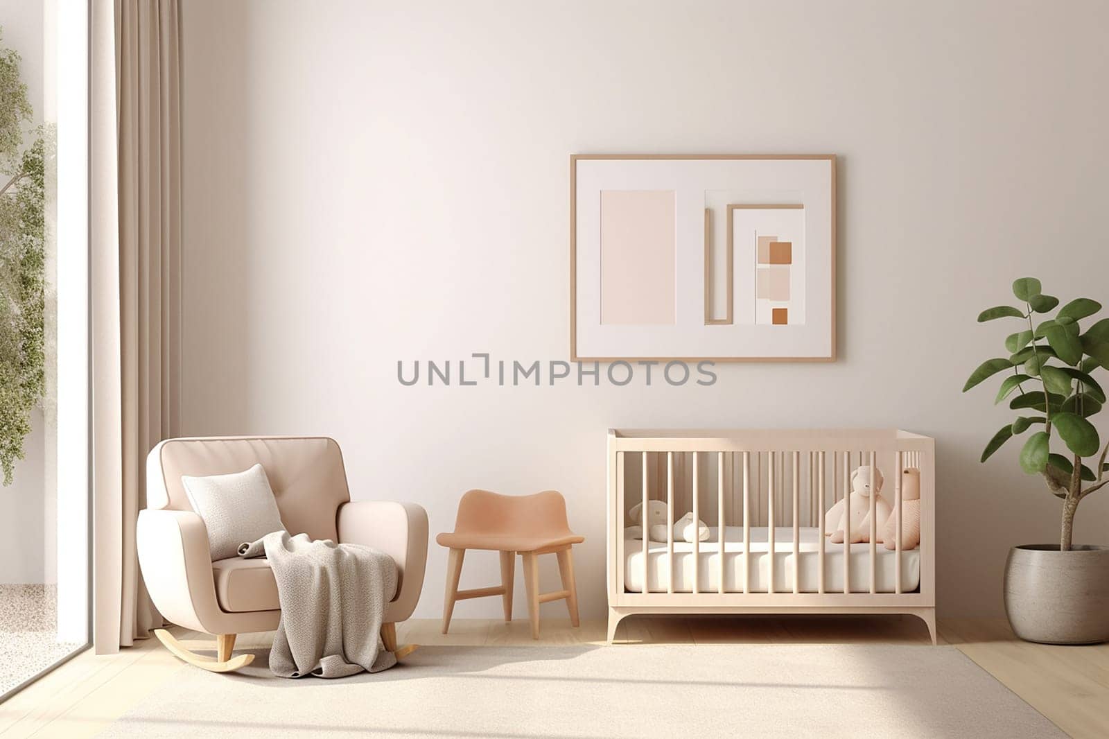 A mock up frame in a nursery room with a crib, armchair, and houseplant in a minimalist style