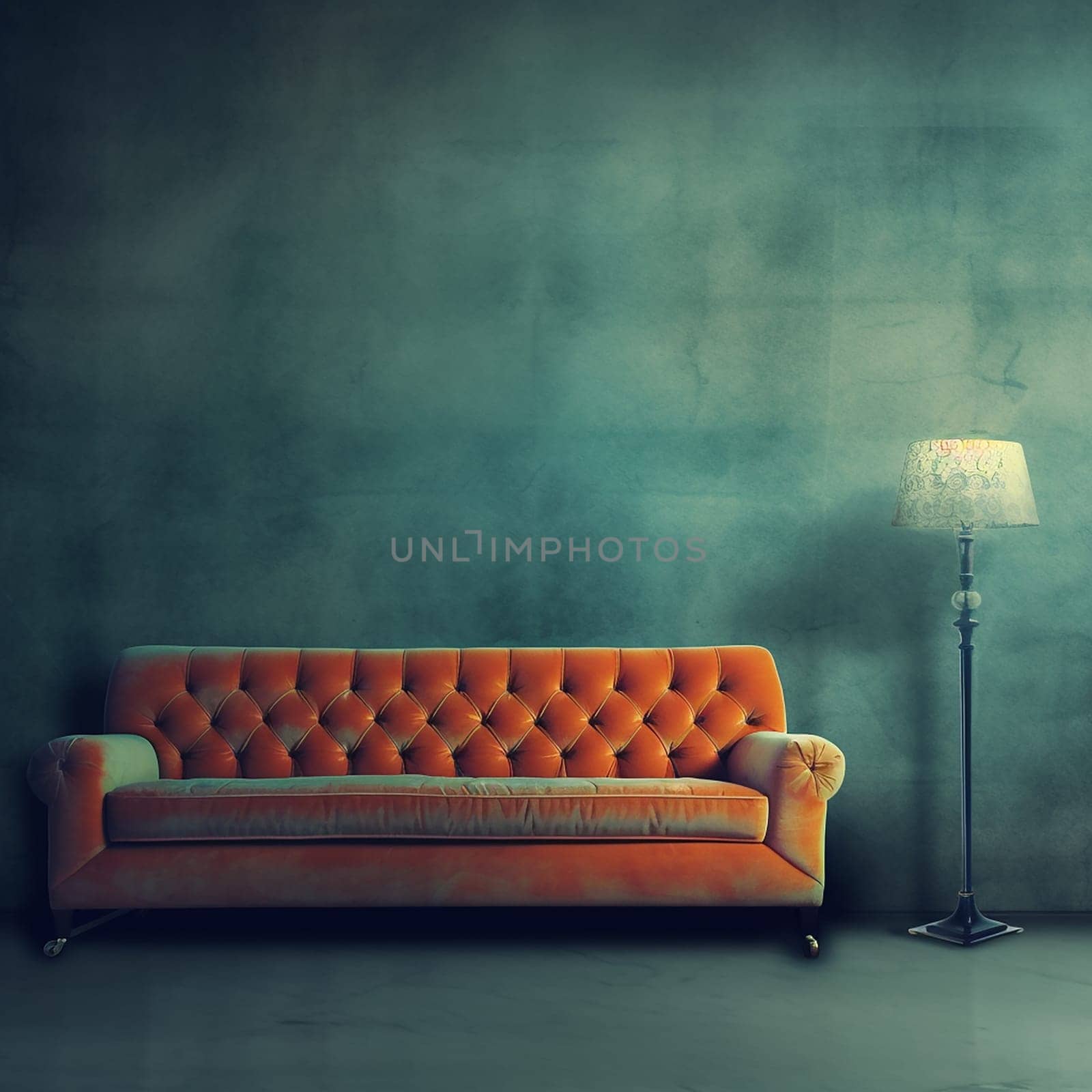 Elegant Orange Sofa in a Chic elegant and modern Living Room, with lamp and green wallpaper or wall
