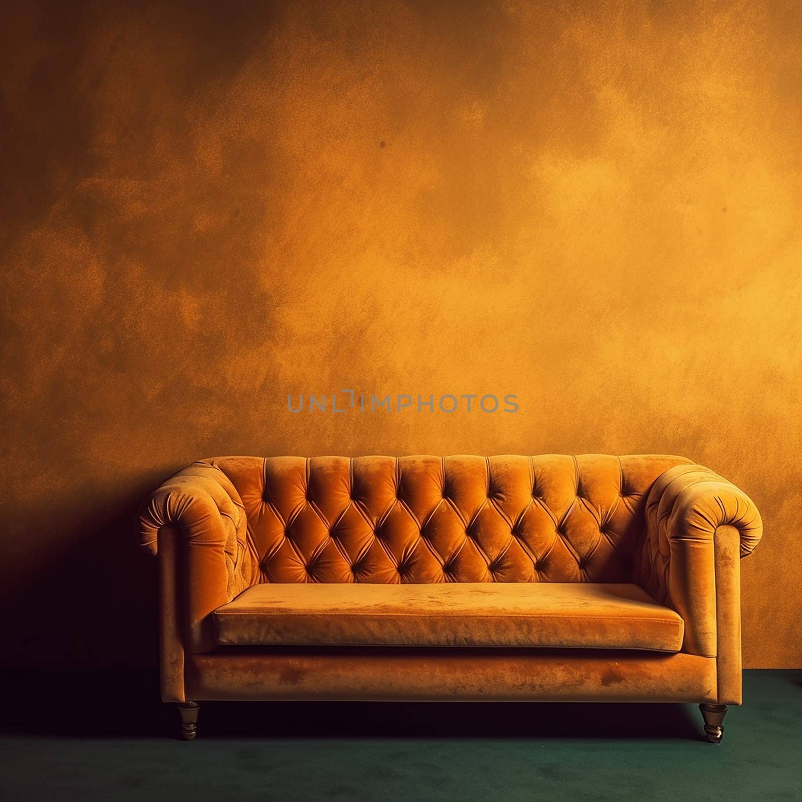 A Luxury Vintage Yellow Velvet Tufted Sofa in a Minimal Living Room with yellow background wall